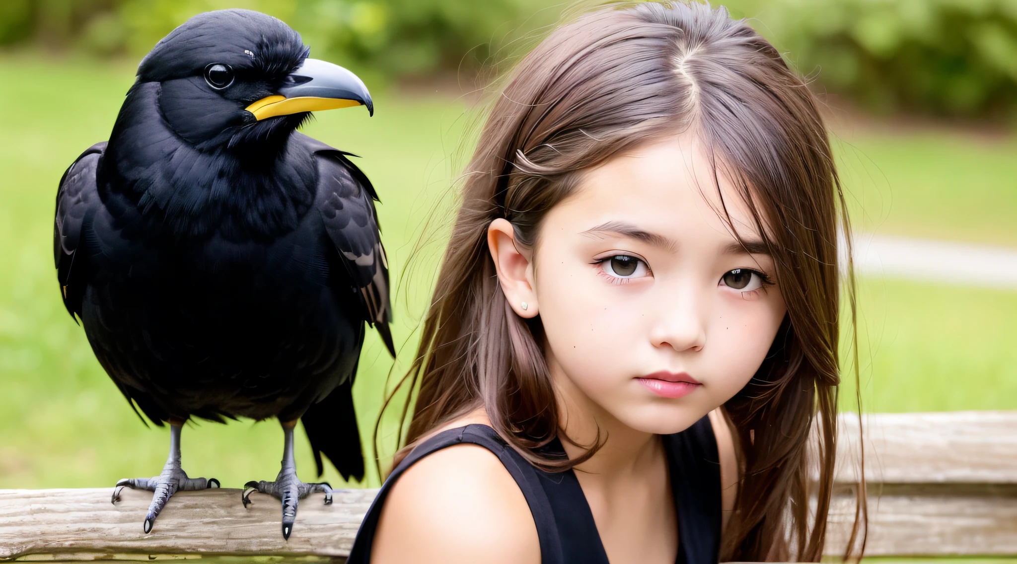 CHILD girl with a black bow and a black dress, girl with dark brown hair, girl with brown hair, black hair ribbons, a beautiful teen-age girl, wearing hair bow, young girl, brown hair and big eyes, half-length photo, photo of young woman, young, beautiful girl, she is about 1 6 years old, there is a black bird sitting on a wooden rail, long shiny thick black beak, closeup of a crow, cute crows, crows as a symbol of death, crow, crow bird, magpie, crow portrait!!!, black crow, dark crow, is looking at a bird, crows, male, crow, beautiful photo, closeup portrait shot, proud looking away, by Paul Bird