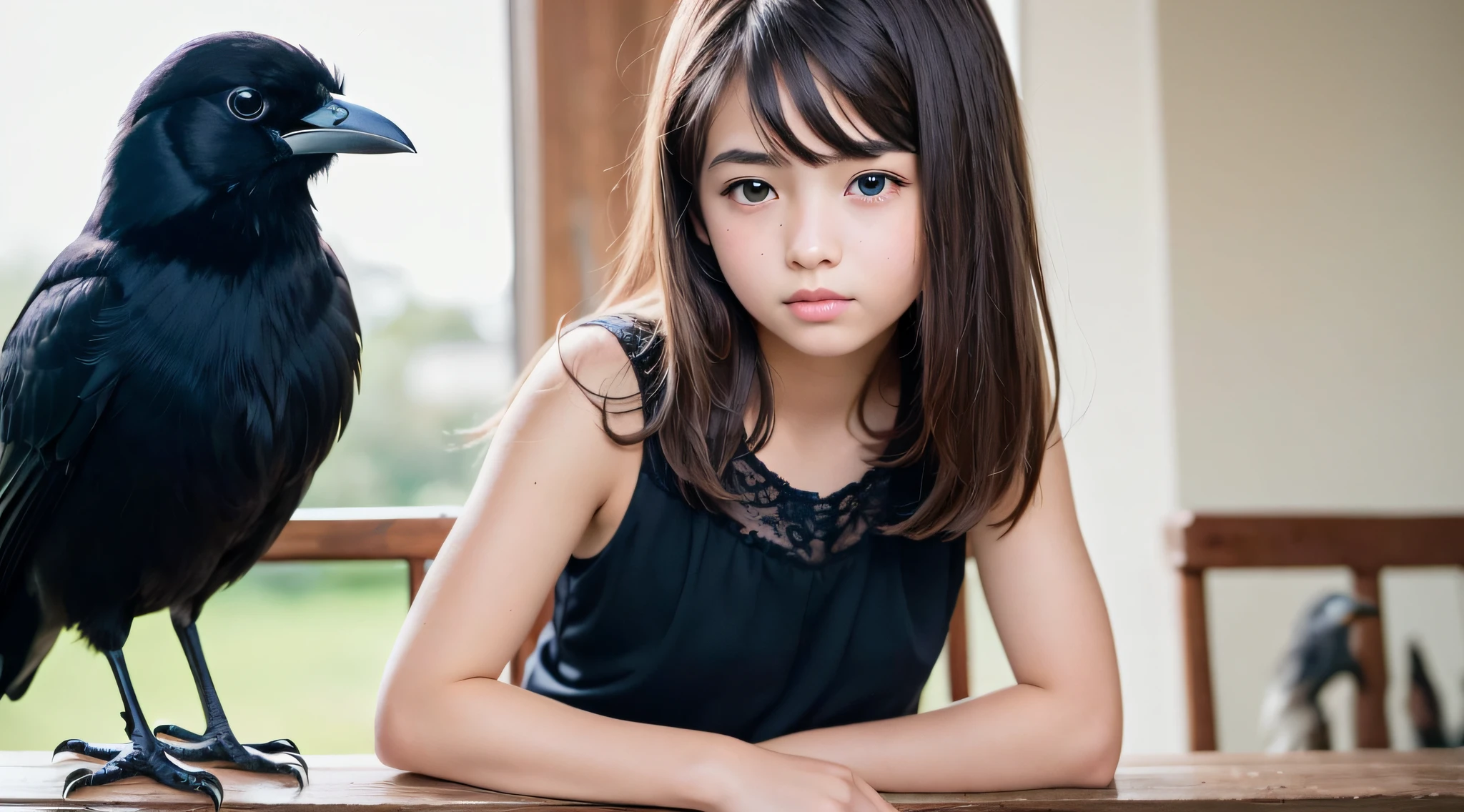 CHILD girl with a black bow and a black dress, girl with dark brown hair, girl with brown hair, black hair ribbons, a beautiful -age l, wearing hair bow, young girl, brown hair and big eyes, half-length photo, photo of young woman, young, beautiful girl, she is about 1 6 years oe is a black bird sitting on a wooden rail, long shiny thick black beak, closeup of a crow, cute crows, crows as a symbol of death, crow, crow bird, magpie, crow portrait!!!, black crow, dark crow, is looking at a bird, crows, male, crow, beautiful photo, closeup portrait shot, proud looking away, by Paul Bird