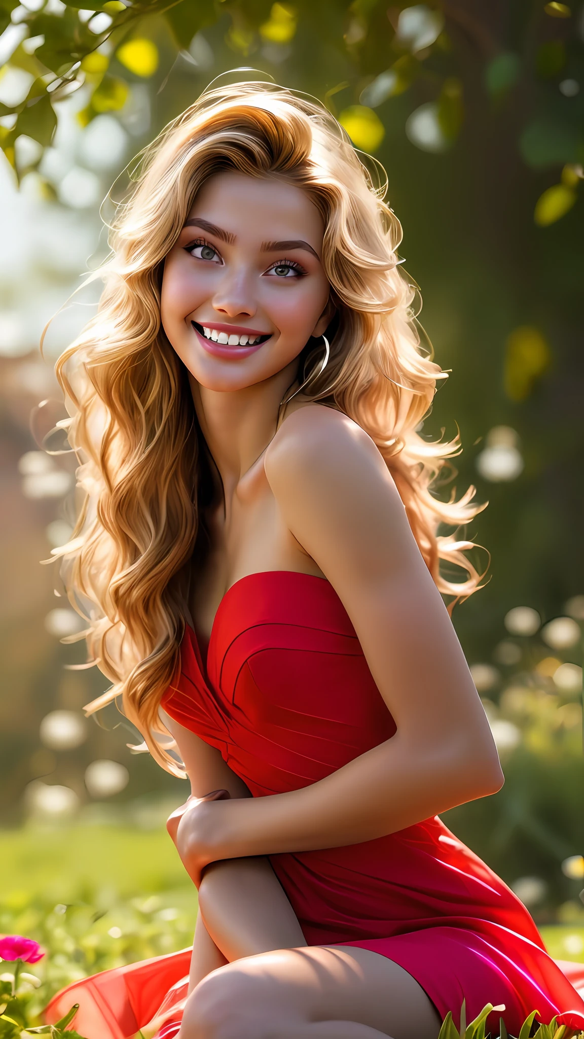 melancholy lighting, quiet, calm, brightness, masterpiece, best quality, 1girl, (JinxLol:1.2), (ultra photorealistic:1.3), (masterpiece:1.4), best quality, ((realistic)), high quality, ultra detailed, ((Real image)), ((realistic skin)), ((realistic face)),(illustration:1.05), (beautiful:1.05), (beautiful detailed eyes:1.05), (cinematic light:1.1), Full body, precise proportions, 18-year-old girl, skinny model lying on the grass, surrounding garden, tree shadow, GINGER BLONDIE hair fluttering in the wind, RED DRESS, long legs, feet slightly open, buttocks, blush, shyness, collarbone, abdominals, double weave, beautiful and delicate face, fair skin, real skin, (face detail), pores, super high resolution, 8k, parameters Best quality, masterpiece, super high resolution, (Realistic 2.0), More details, detailed skin, wide smile, white teeth, voluminous GINGER BLONDIE hair, perfect and well designed eyes, girlfriend, beautiful, beautiful, flowers, studio lighting