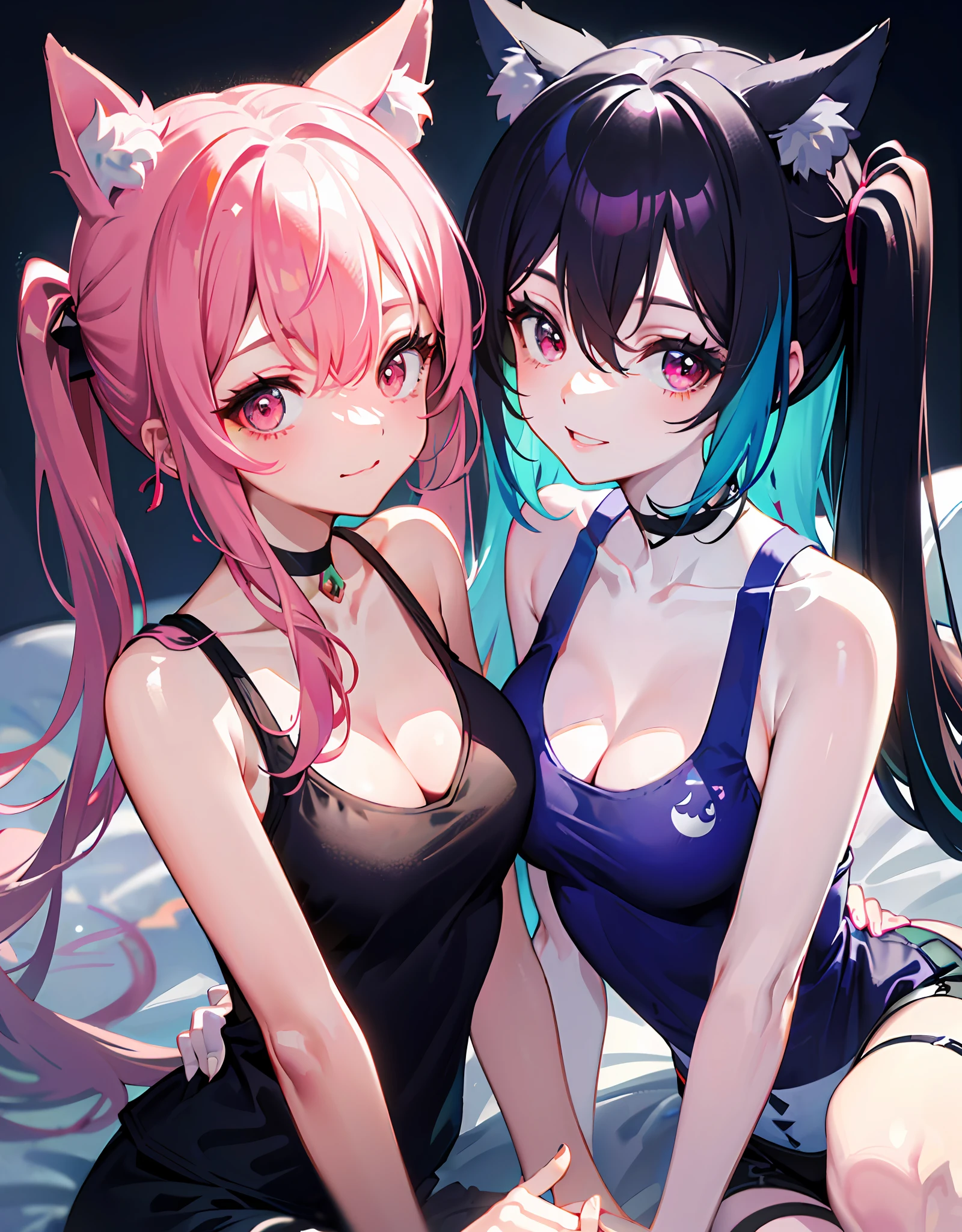Dynamic Angle, 8k, Thick Paint 5, Movie Scenes, Perfect Anatomy, Detailed Face, Super Detailed Eyes, Upper Body, 2 Girls, Smile, Wolf Ears, Wolf Tail, Pink Eyes, Hair Between the Eyes, Striped Hair, Striped Hair: 10, ((((Colorful Hair Color: 1))))), (Random Hair Color: 1))), Colorful Hairstyle: 2, ((Perfect Fingers, Perfect Five Fingers))), D Cup, cleavage, upper body, one girl, smile, wolf ears, wolf tail, pink eyes, hair between the eyes, striped hair, variegated hair colors: 5, jewels at the ends of the hair, twin tails, (thin random cute tank top: 15), cute embroidered pajamas, AI super luxurious bedroom and cute interior: 5, (on the bed: 15), crawling on all fours, Looking at the viewer embarrassedly and laughing, turning around from behind, blush, moon, star