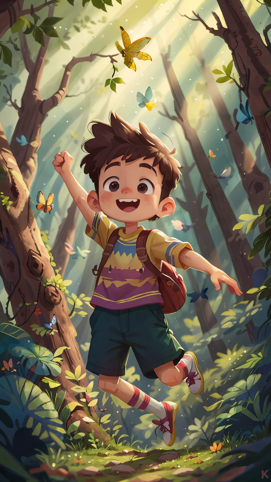 A boy, in the forest, happy, happy, jumping, butterflies and birds, perfect quality, clear focus, (masterpiece: 1.2), (realistic: 1.2), (bokeh), (best quality), (detailed skin: 1.3), (complex details), (8K), (detailed eyes), (sharp focus), (happy)