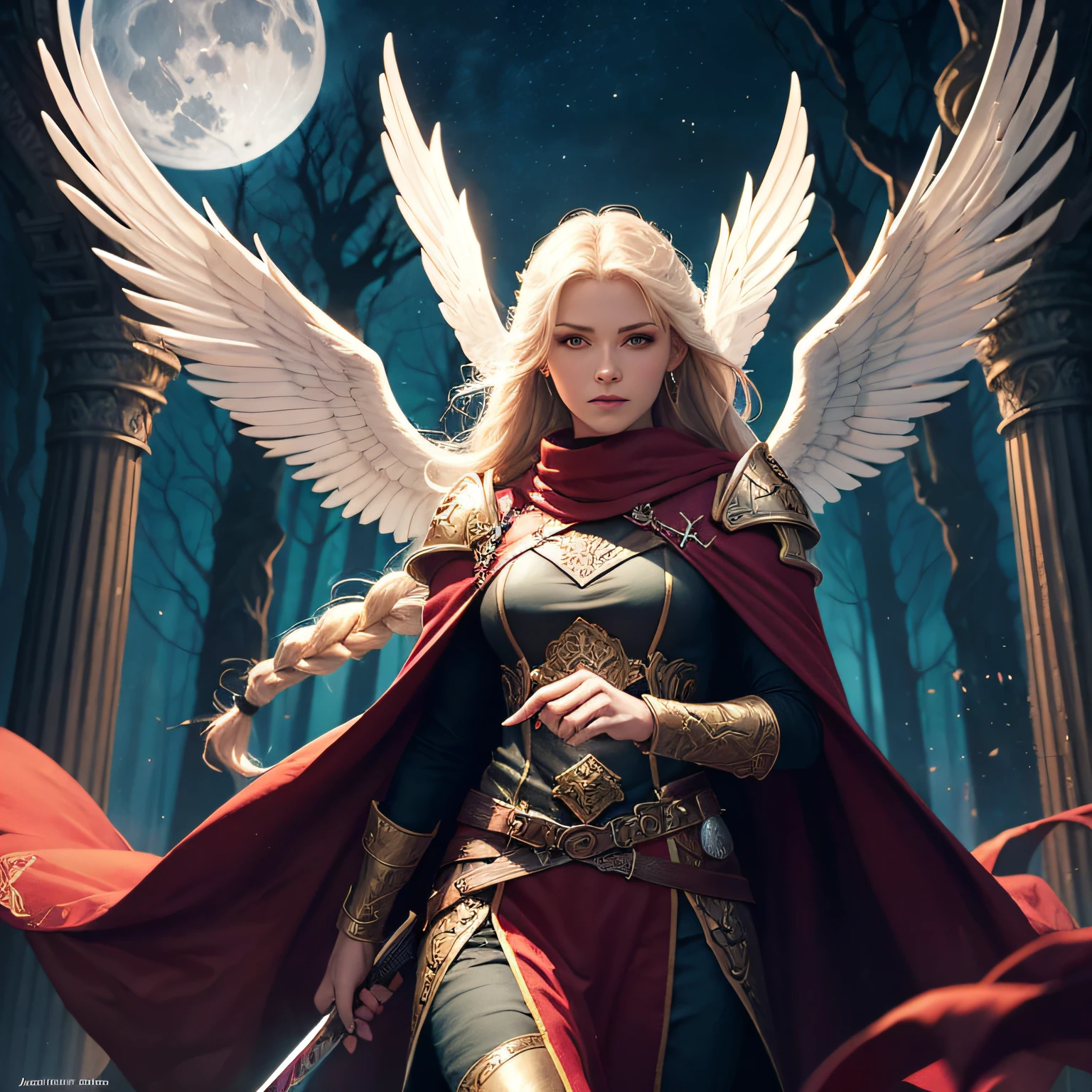 portrait of a female, aasimar, spread white angelic wings, (dnd art, fantasy art, masterpiesce best quality), cleric, (dnd art, fantasy art, masterpiesce best quality), with a long braided blond hair, (dnd art, fantasy art, Masterpiece, best quality) , heavy white plait mail arrmor , (dnd art, fantasy art, masterpiesce best quality) armed in the right hand with a long sword with runes (Masterpiece, best quality) casting a spell (dnd art, Masterpiece, best quality), wearing cloak (red, flowing) , in a fantasy dark forest at night with a full moon background , (dnd art, fantasy art, Masterpiece, best quality)