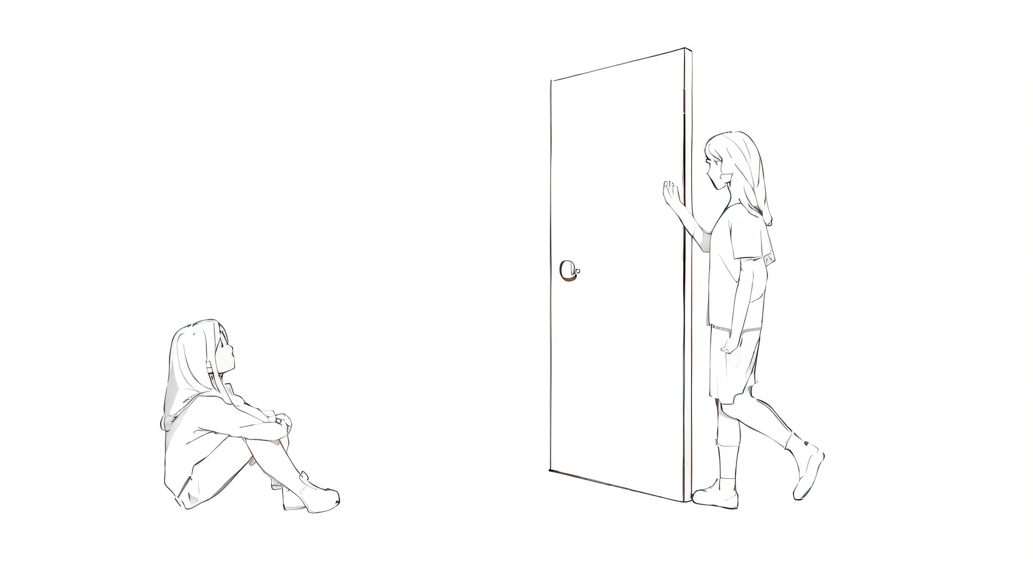 Two girls, the one on the left sat on the ground and hugged her knees, and the girl on the right opened the door and looked at the girl on the left