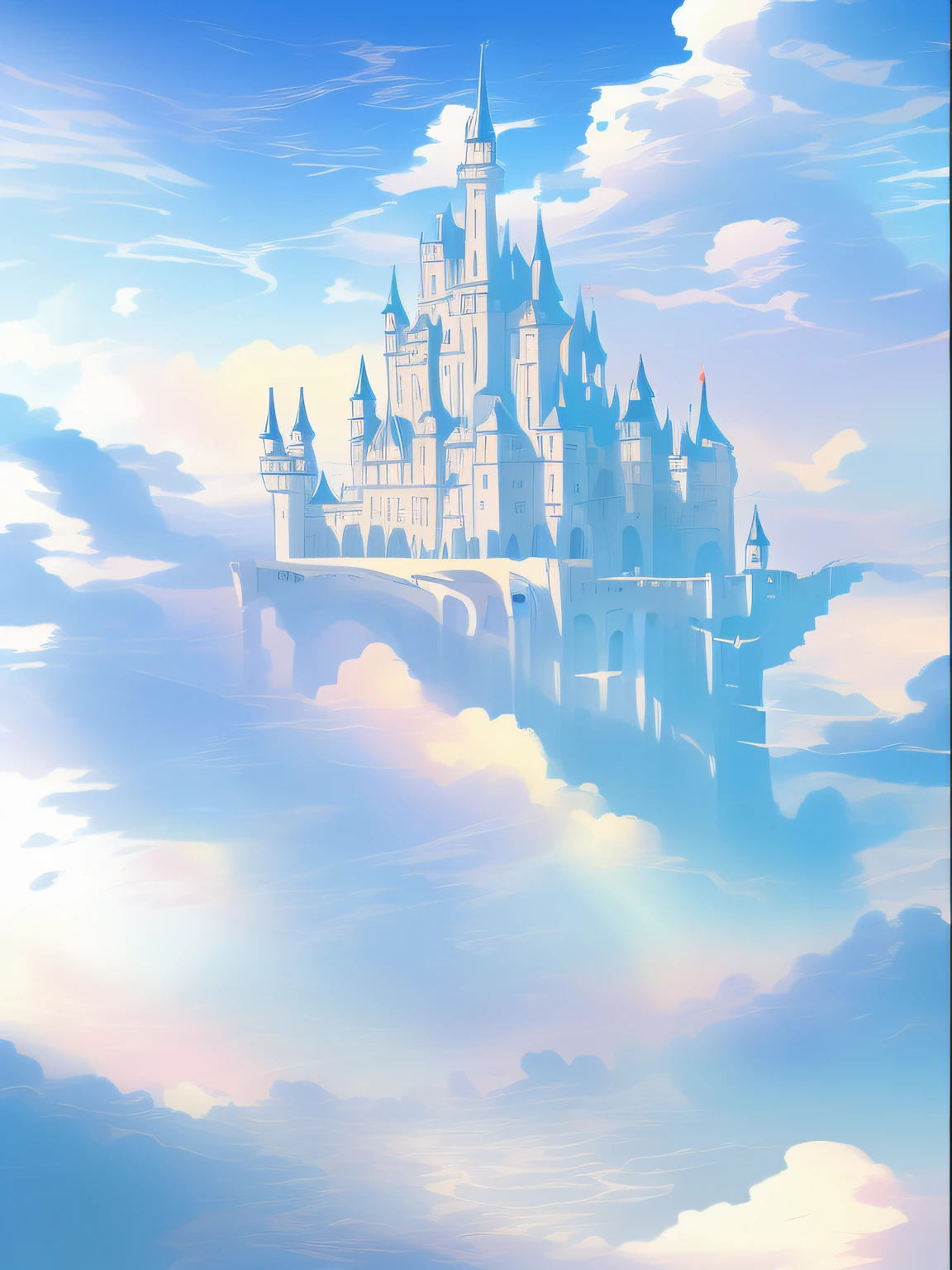 there is a castle in the sky with a rainbow in the background, flying cloud castle, castle in the clouds, palace floating in the sky, castle made of clouds, palace floating in heaven, cloud palace, flying castle, castle in the sky style, abandoned castle in the sky, magical castle, castle in the sky, fairy tale style background, castle scene manga