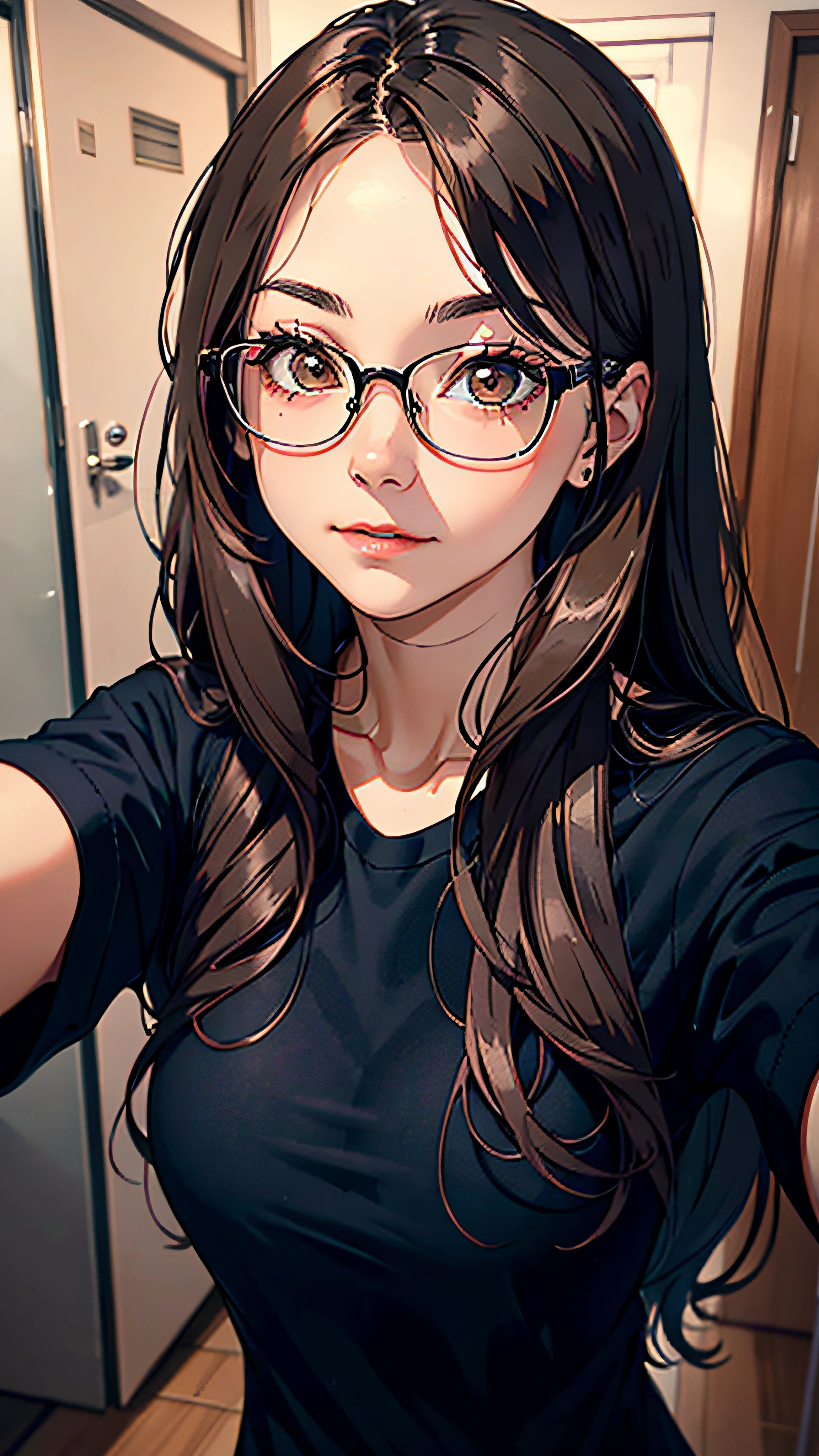 there is a woman with long hair, 18 years old, 8k selfie photography, long hair, frontal photo, light brown eyes, eyeglasses, detailed