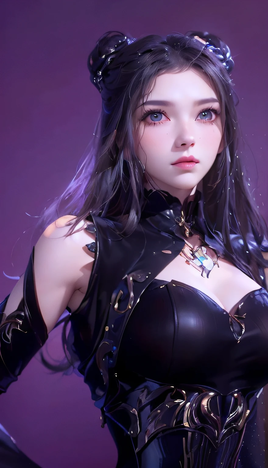 a close-up of a woman dressed in black posing for a photo, Artgerm; 3D Unreal Engine, smooth anime CG art, 8K high quality detail art, 3D rendered character art 8K, extremely detailed art, portrait knight of zodiac girl, fantasy art style, 2. 5 D CGI Anime Fantasy Art, Gothic Shoujo Anime Girl, ((Need for Beauty)), ((Feminine and Sexy)), ((Perfect Face)), ((Delicate Facial Features)), ((Beautiful Eyes, Meticulous Depiction, Close-up)), ((Pointed Nose))