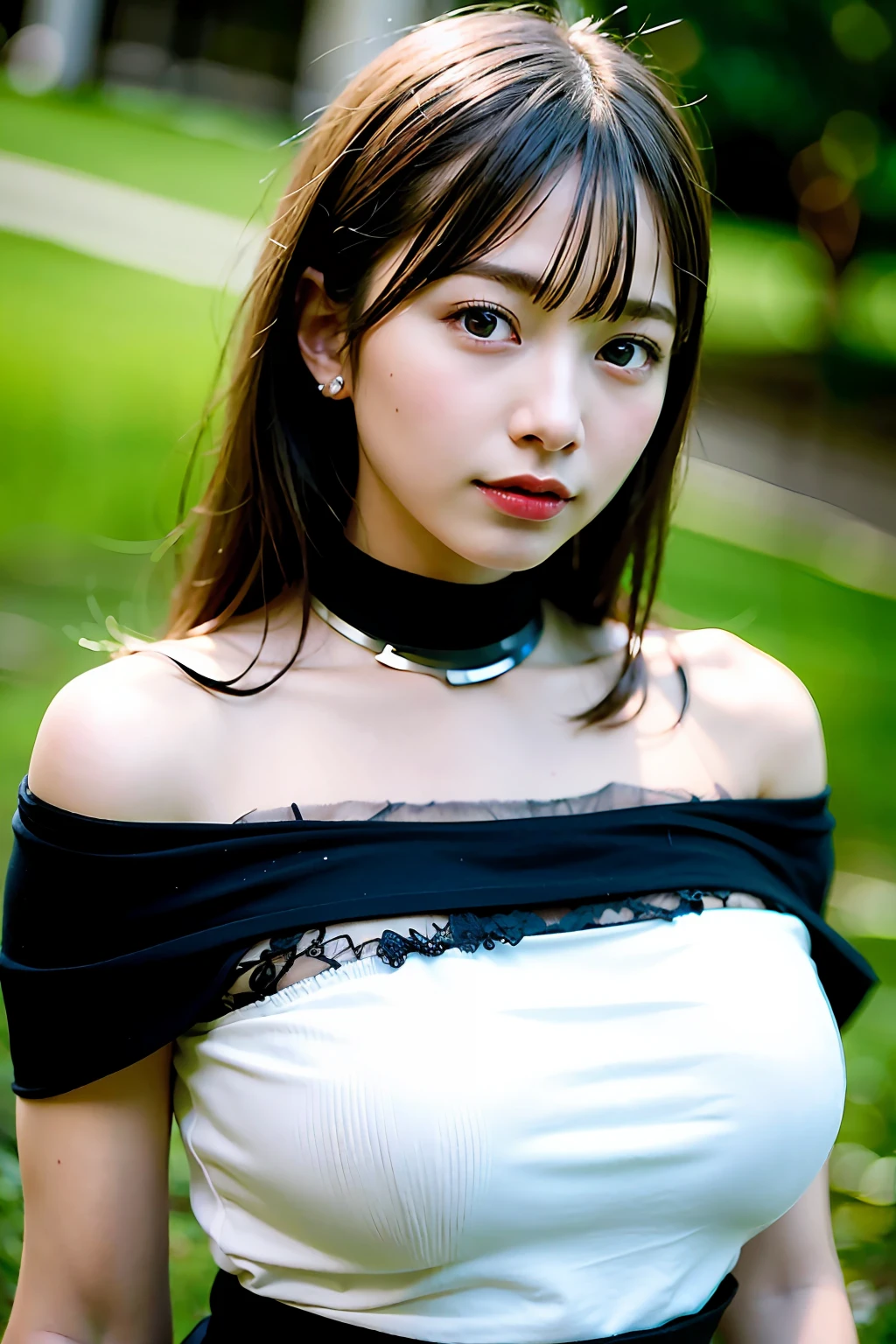 best quality, ultra high res, (photorealistic:1.4), 1girl, off-shoulder white shirt, black tight skirt, black choker, (faded ash gray hair:1), (huge breasts:1.2), looking at viewer, closeup ,