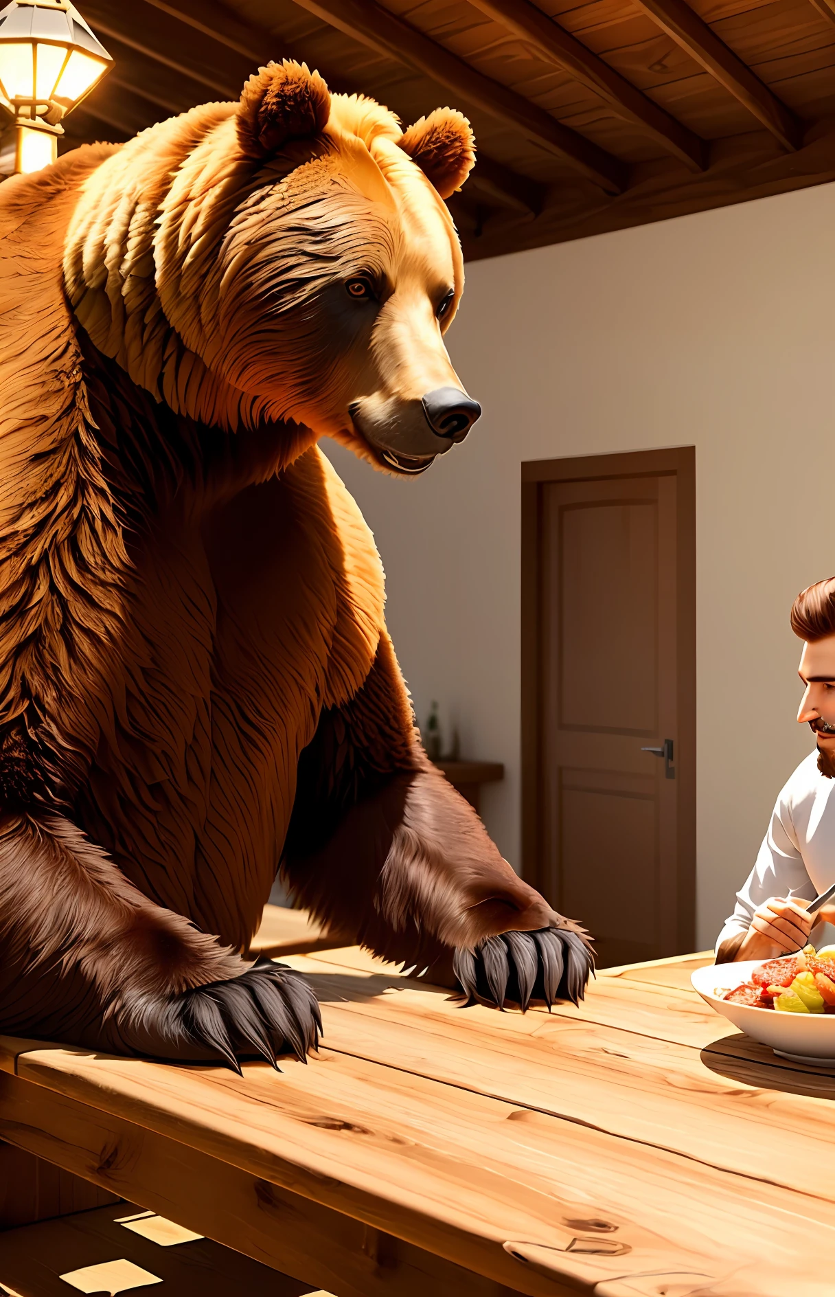 Bear eating at the table along with a bearded man on a giant wooden ship, ultra realistic detailed 8k
