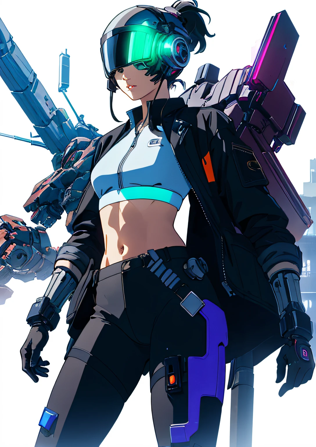 (flat color),(colorful),(masterpiece:1.2), best quality, masterpiece, looking at viewer, white background,
1girl, white hair, slightly curly hair, expressionless, ponytail, side braid,
mecha bodysuit, mecha museum, mechanical parts,robot joints, headgear, earphone, cyberpunk, neon_trim, glowing neon lights, blue, purple,
open jacket,black sheer pantyhose, visible through (sheer crop top), shirt,
garter,necktie, navel, gloves,Hand katana,
techwear jacket, with buckle and tape, black gloves, tactical vest,cyberhelmet,cyborg,(helmet)