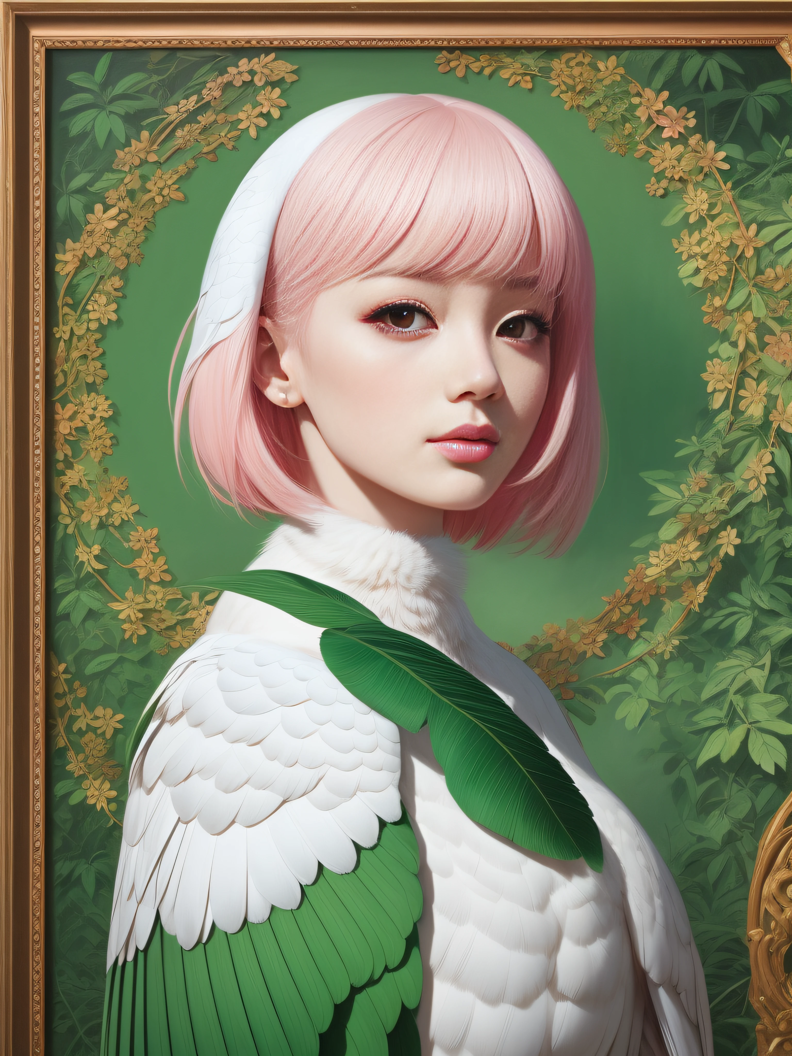 A fashion magazine, Hyperrealistic oil painting, (a pure white parrot), Short hair neutral woman, pink and emerald, Plants cover the background, style of artist hsiao-ron cheng, shiny hair, cowboy shot, Art Deco, Verism, bloom, award winning, retina