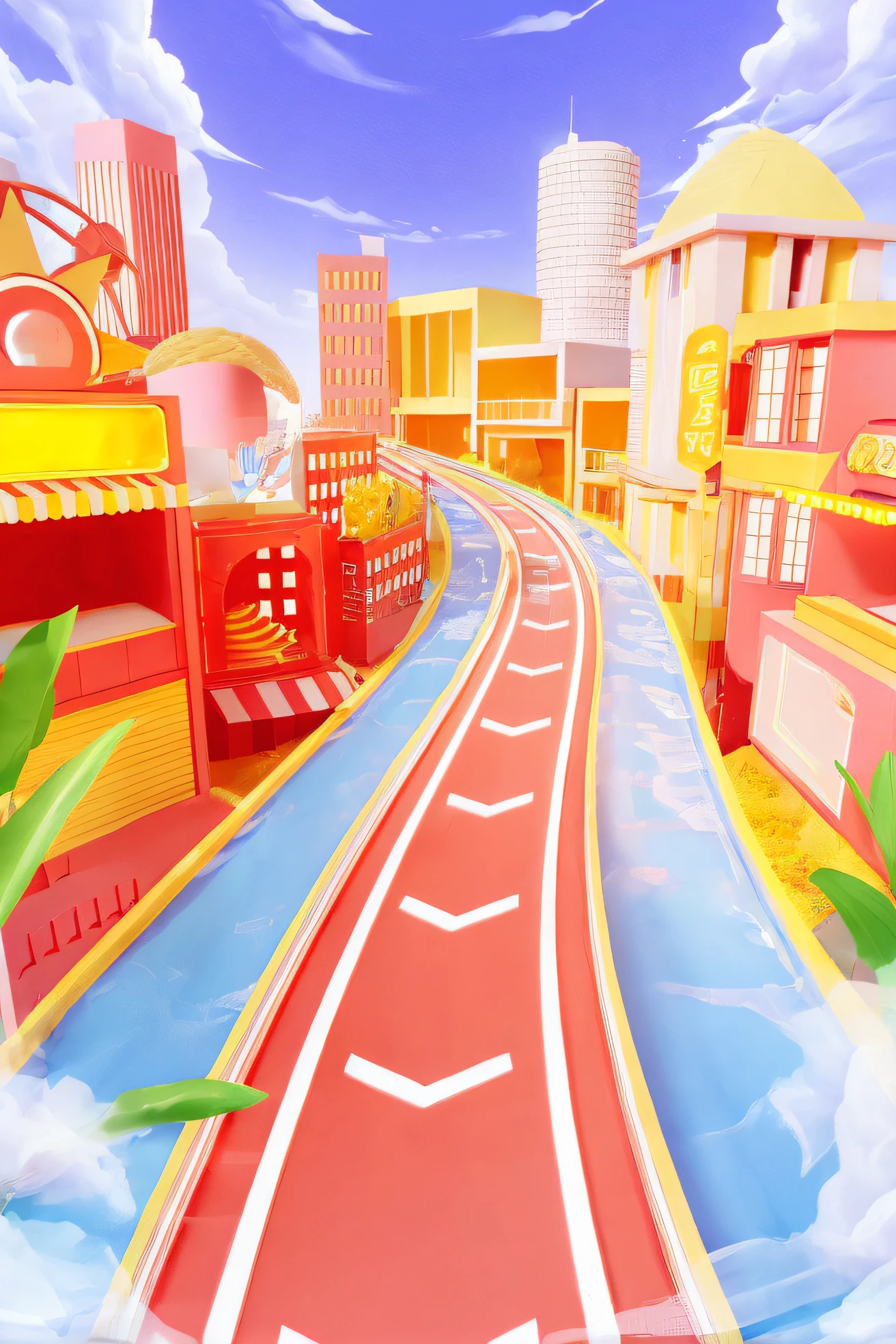 cartoon illustration of a city with a river running through it, colorful city, city street view background, stylized digital illustration, 3 d city, 3 d render stylized, city street, futuristic street, 3 d stylize scene, 3 d illustration, mall background, 3d illustration, futuristic city street, stylized as a 3d render, stylized 3d render --auto