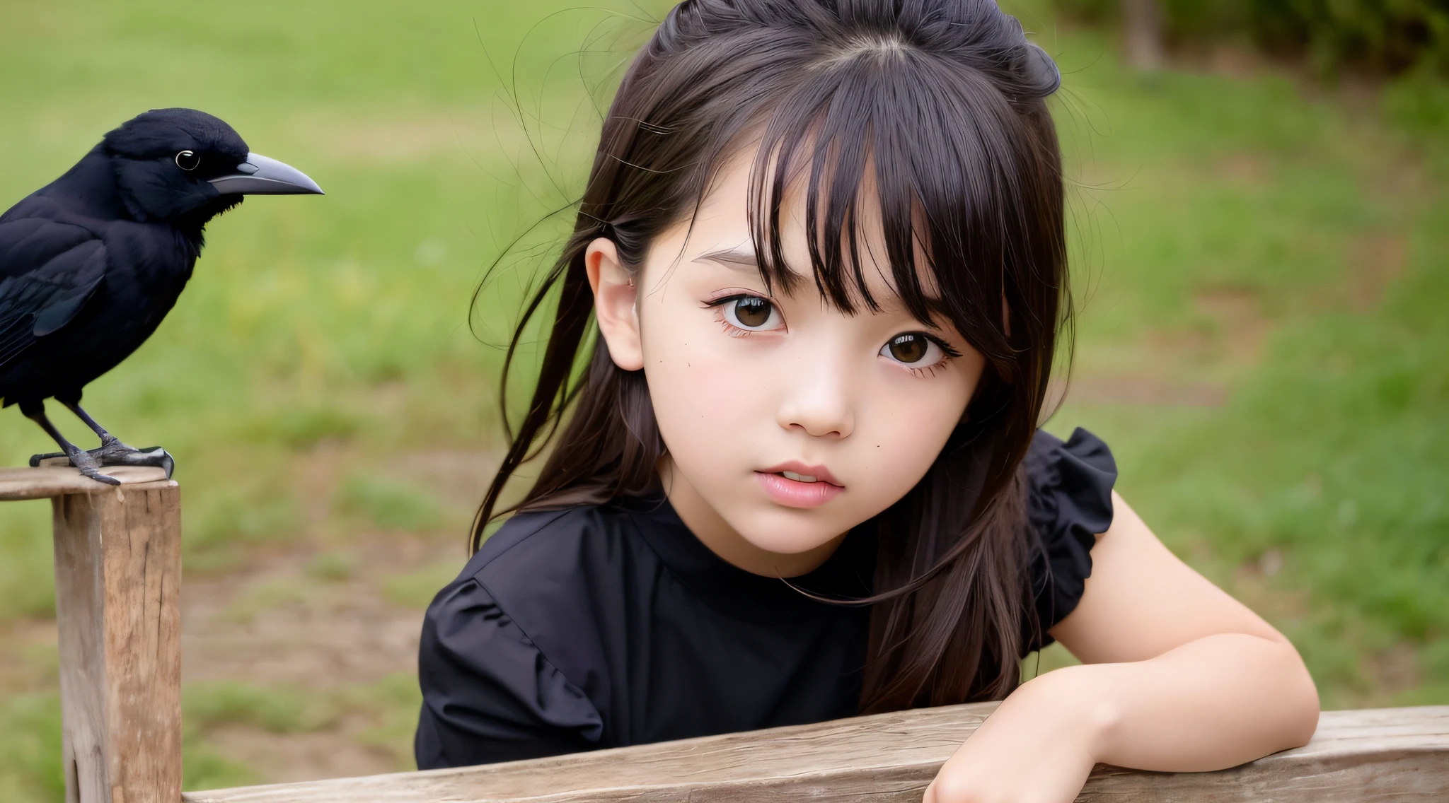 CHILD girl with a black bow and a black dress, girl with dark brown hair, girl with brown hair, black hair ribbons, a beautiful teen-age girl, wearing hair bow, young girl, brown hair and big eyes, half-length photo, photo of young woman, young, beautiful girl, she is about 1 6 years old, there is a black bird sitting on a wooden rail, long shiny thick black beak, closeup of a crow, cute crows, crows as a symbol of death, crow, crow bird, magpie, crow portrait!!!, black crow, dark crow, is looking at a bird, crows, male, crow, beautiful photo, closeup portrait shot, proud looking away, by Paul Bird