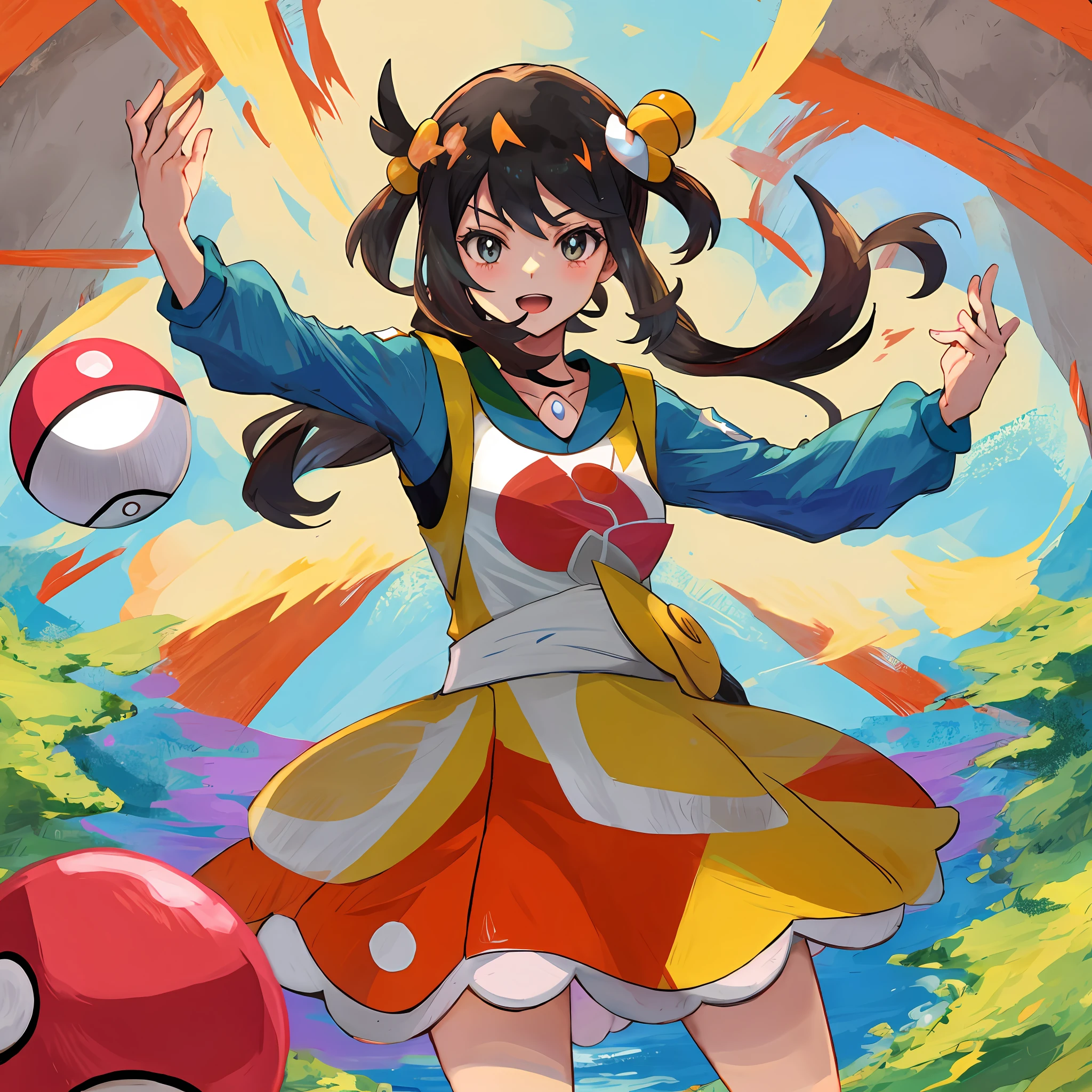 Masterpiece, best quality, Highres, Iono1, 1girl, long hair, hair ornament, long sleeves, cowboy shot, (holding poke_ball), Poke Ball\ (basic\), Iono (Pokémon)