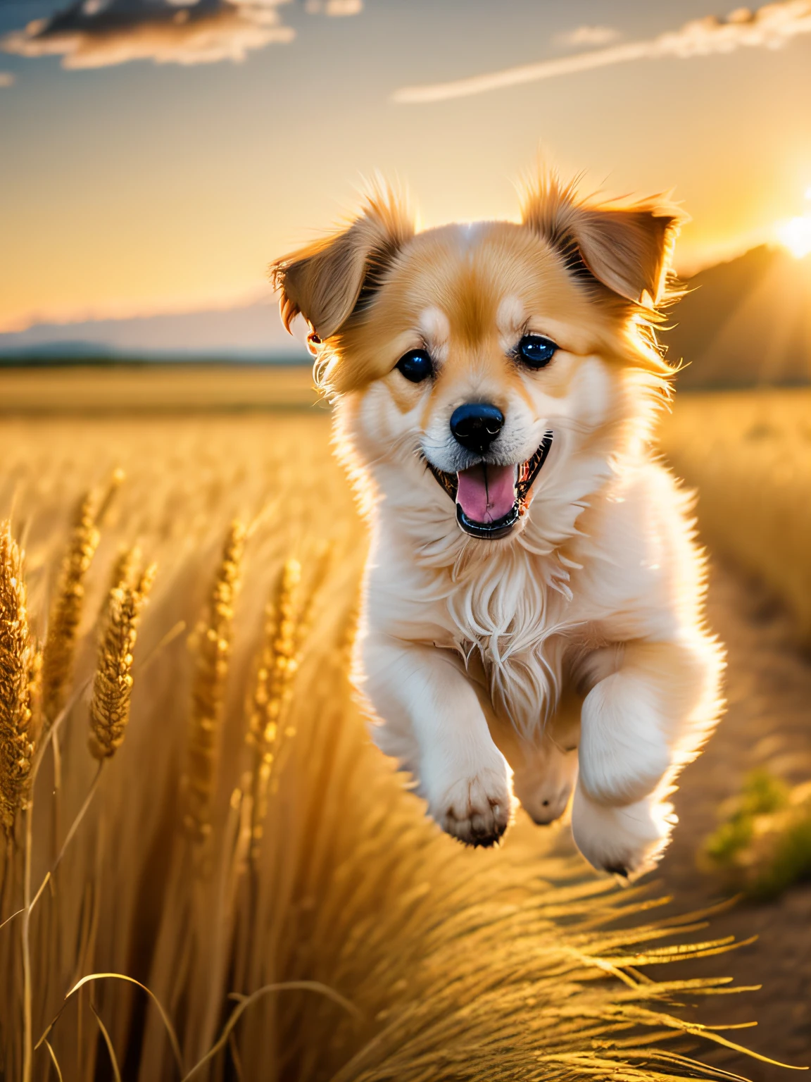 Photo of a very cute puppy jumping in a golden wheat field, facing the camera, showing his tongue and smiling, sunset sky, white clouds, soft volumetric light, (backlight: 1.3), (movie: 1.2), intricate details, (ArtStation: 1.3), Rutkowski