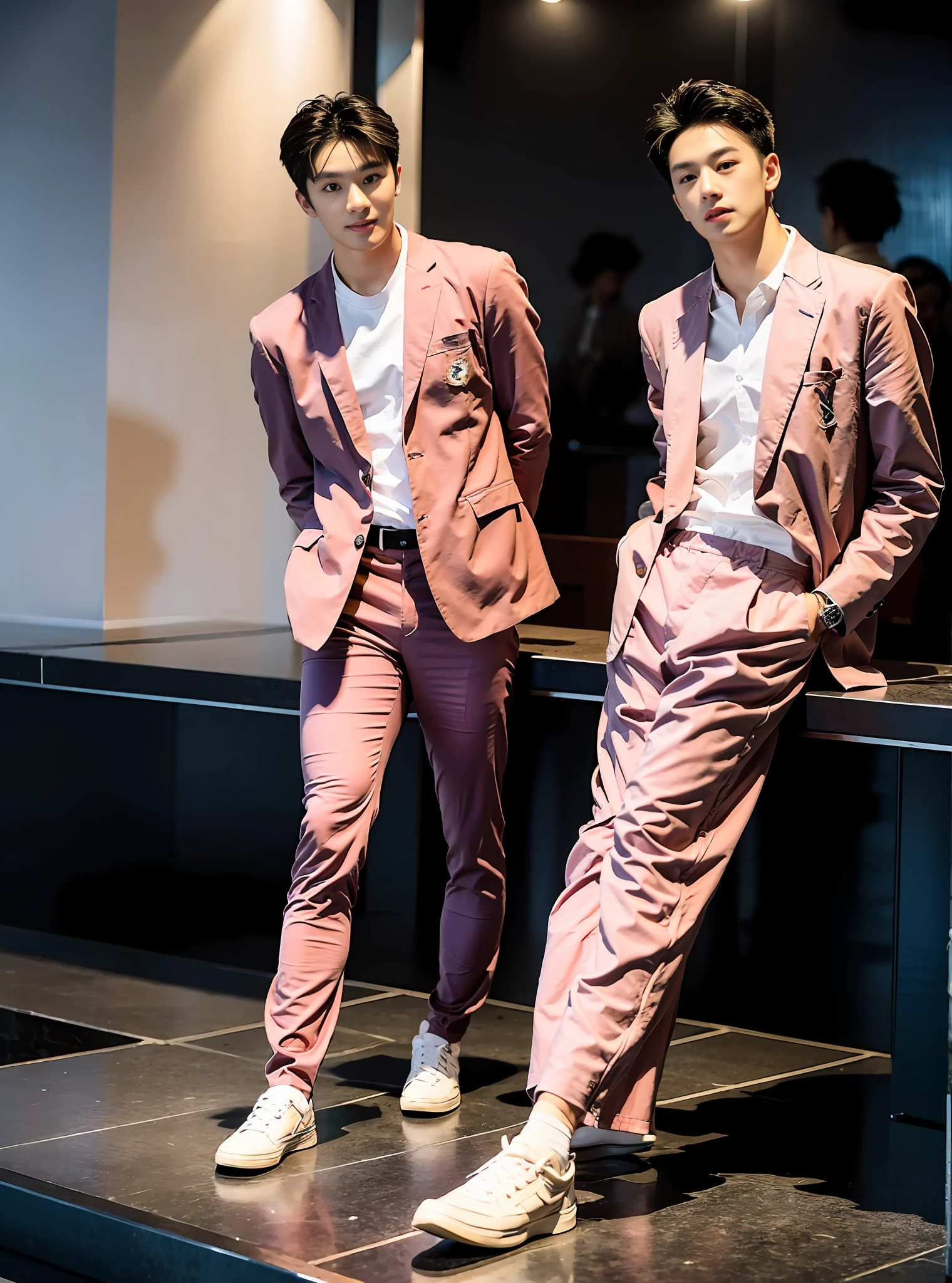 (Chinese Handsome: 1.5), 两个男人站在办公楼宇前, （pink suit：1.5）,pink theme, white shirt, formal wear, suit and leather shoes, business elite, realistic details, realistic photos, textured skin, looking into the camera, 18 years old boy, studio, model, long legs