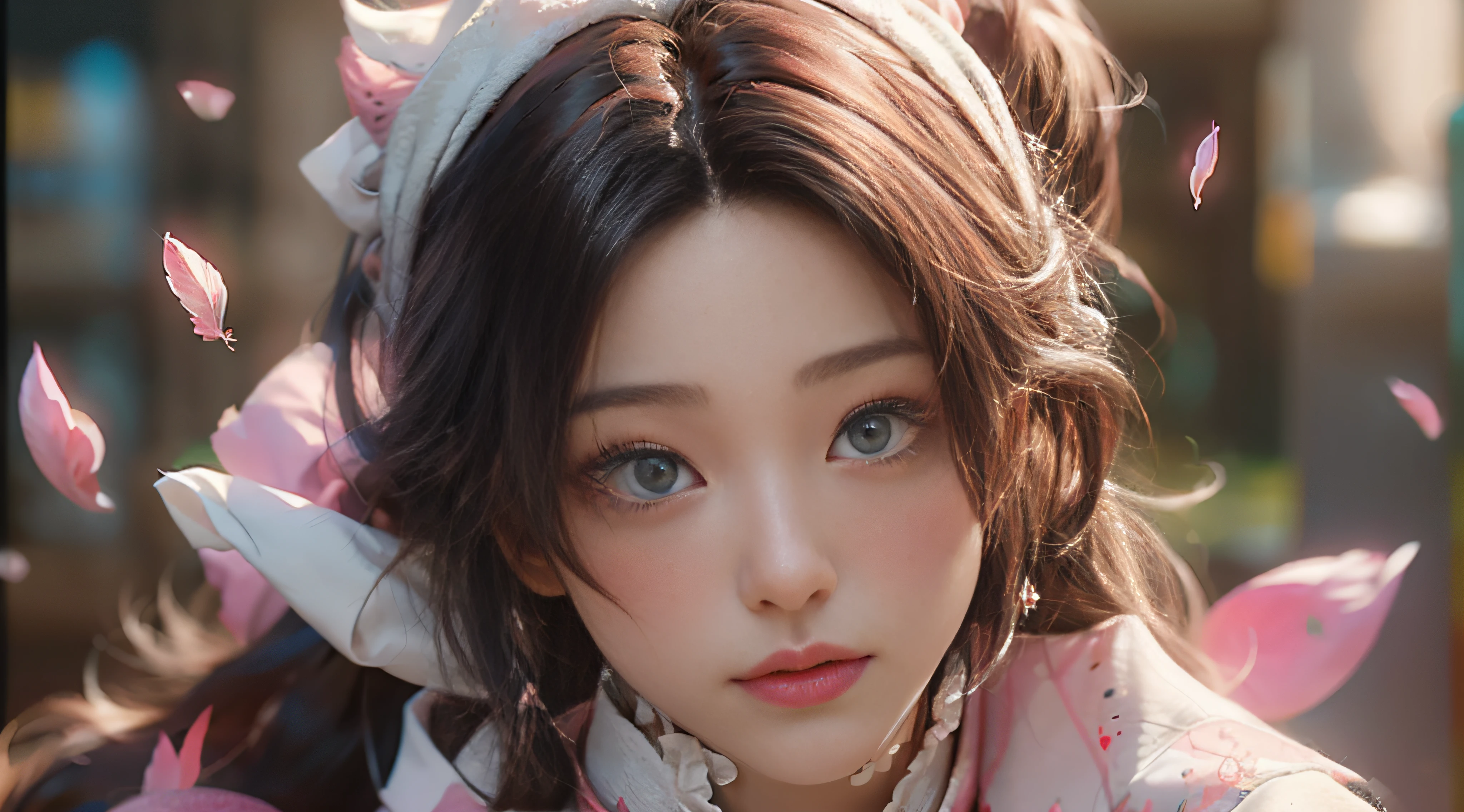 ((Best Quality)), ((Masterpiece)), (Detail: 1.4), 3D, Beautiful Cyberpunk Female Image, HDR (High Dynamic Range), Ray Tracing, NVIDIA RTX, Super Resolution, Unreal 5, Subsurface Scattering, PBR Texture, Post-Processing, Anisotropic Filtering, Depth of Field, Maximum Sharpness and Sharpness, Multi-layer Texture, Albedo and Highlight Mapping, Surface Coloring, Mitsu-Accurate Simulation of Material Interactions, Perfect Proportions, Octane Rendering, Two-color Light, Large Aperture, Low ISO, white balance, regular three-point, 8K RAW, beautiful bright pupils, flowing robes, fine pupils, delicate face and eyes, long eyelashes, blush, fluffy hair, pink lips, pure, cute, cherry blossom petals falling