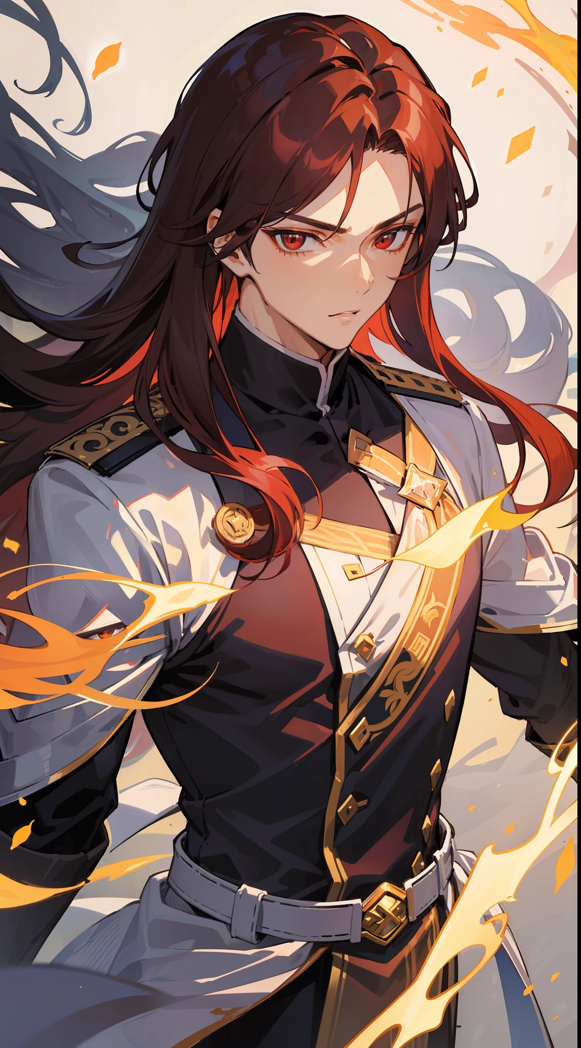1man, sharp dark-red long hair, sharp golden eyes, wear white royal uniform, he is knight of fire and very handsome ((25 year old face))