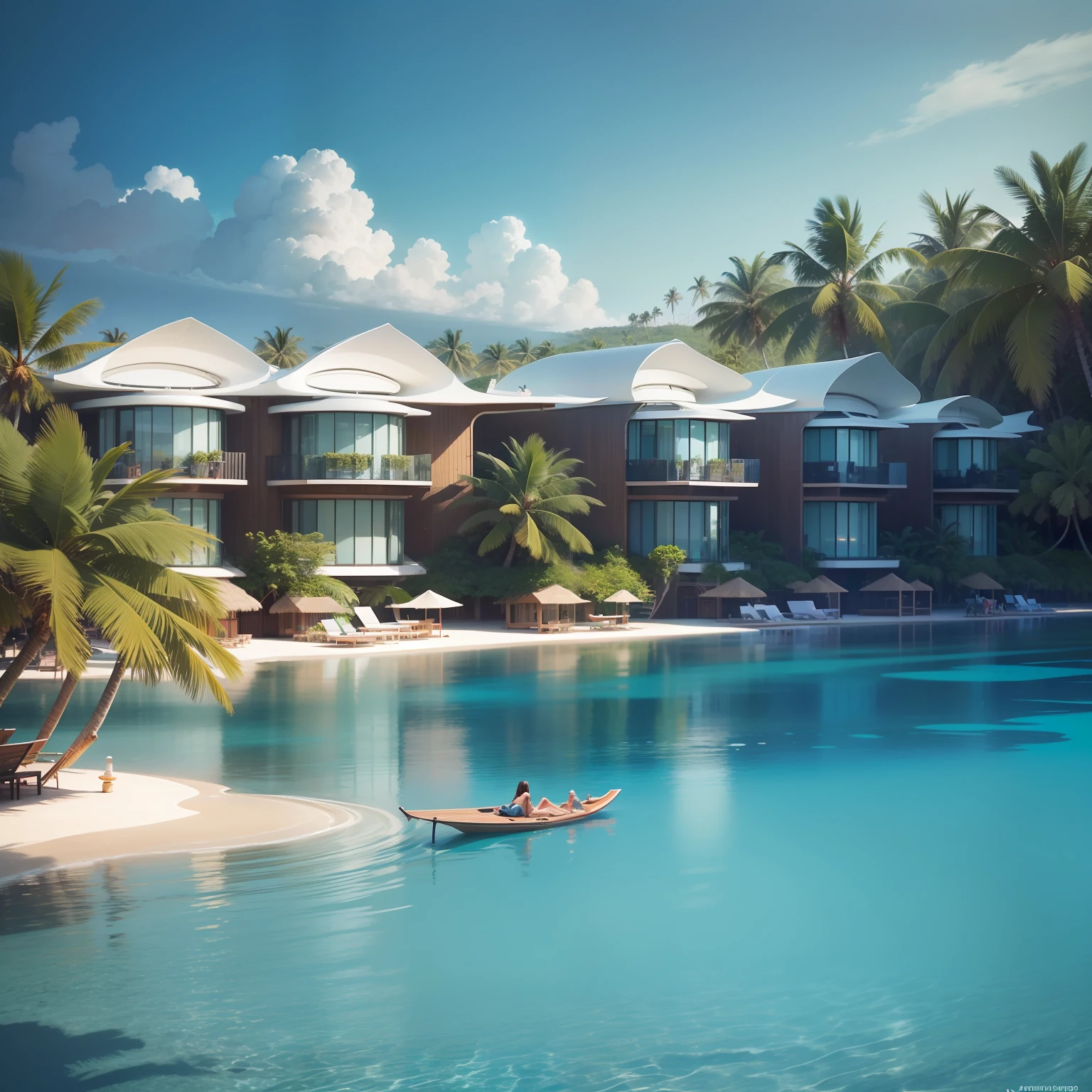 futuristic architecture by zaha hadid, images of the same luxury turtle-shaped villa, resort of villas in the maldives, futuristic architecture, wood and glass, Maldives resort, with secluded villas and private pool, lush white sand vegetation with thatched hats and sun loungers, small creek next to the villa