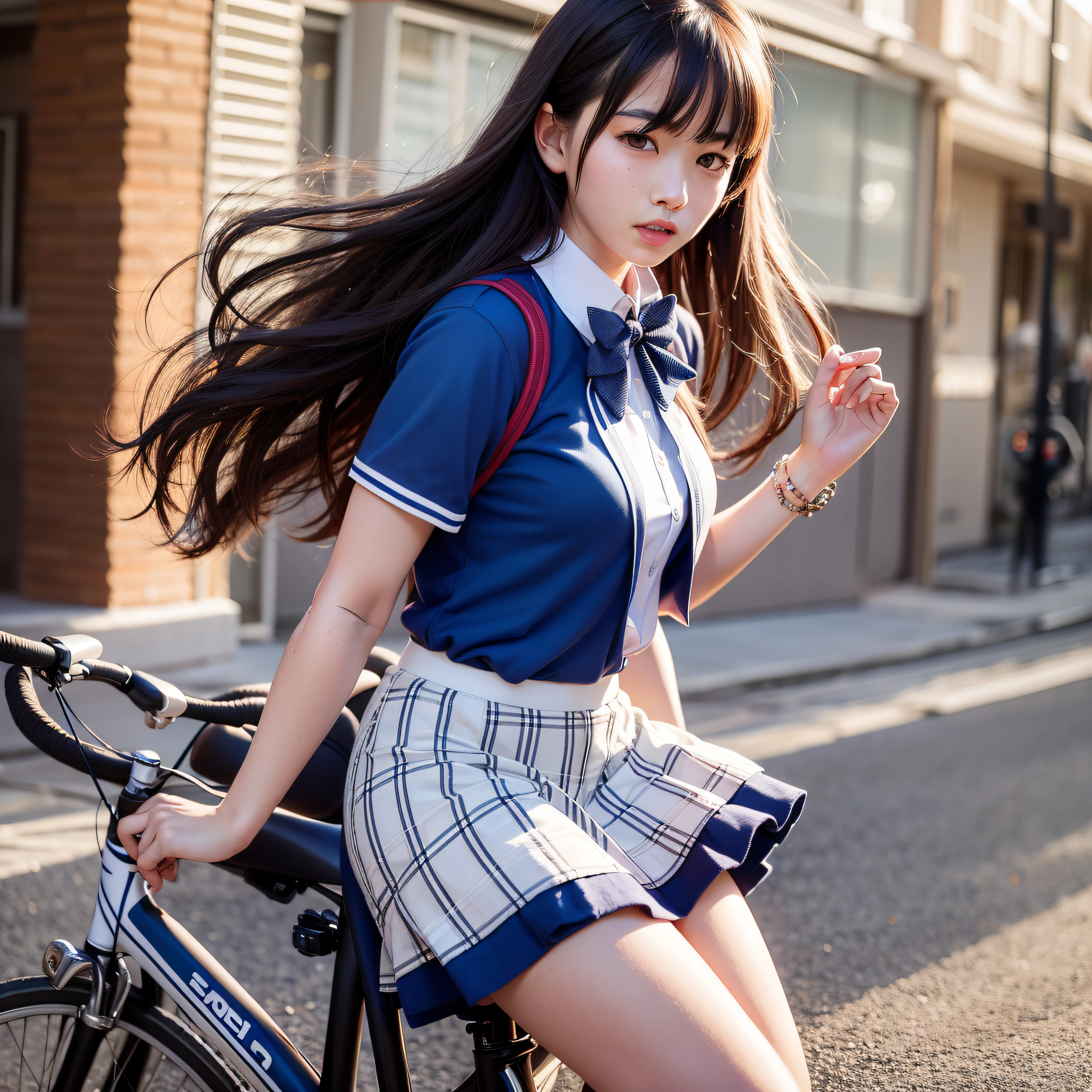 masterpiece, realistic, high school student, photorealistic, dynamic lighting, volumetric lighting, bike to school, blue checked flared skirt, white lace knee-high socks, bow tie, white sheer short sleeve blouse, sweaty sheer blouse, skirt that sparkles in the wind