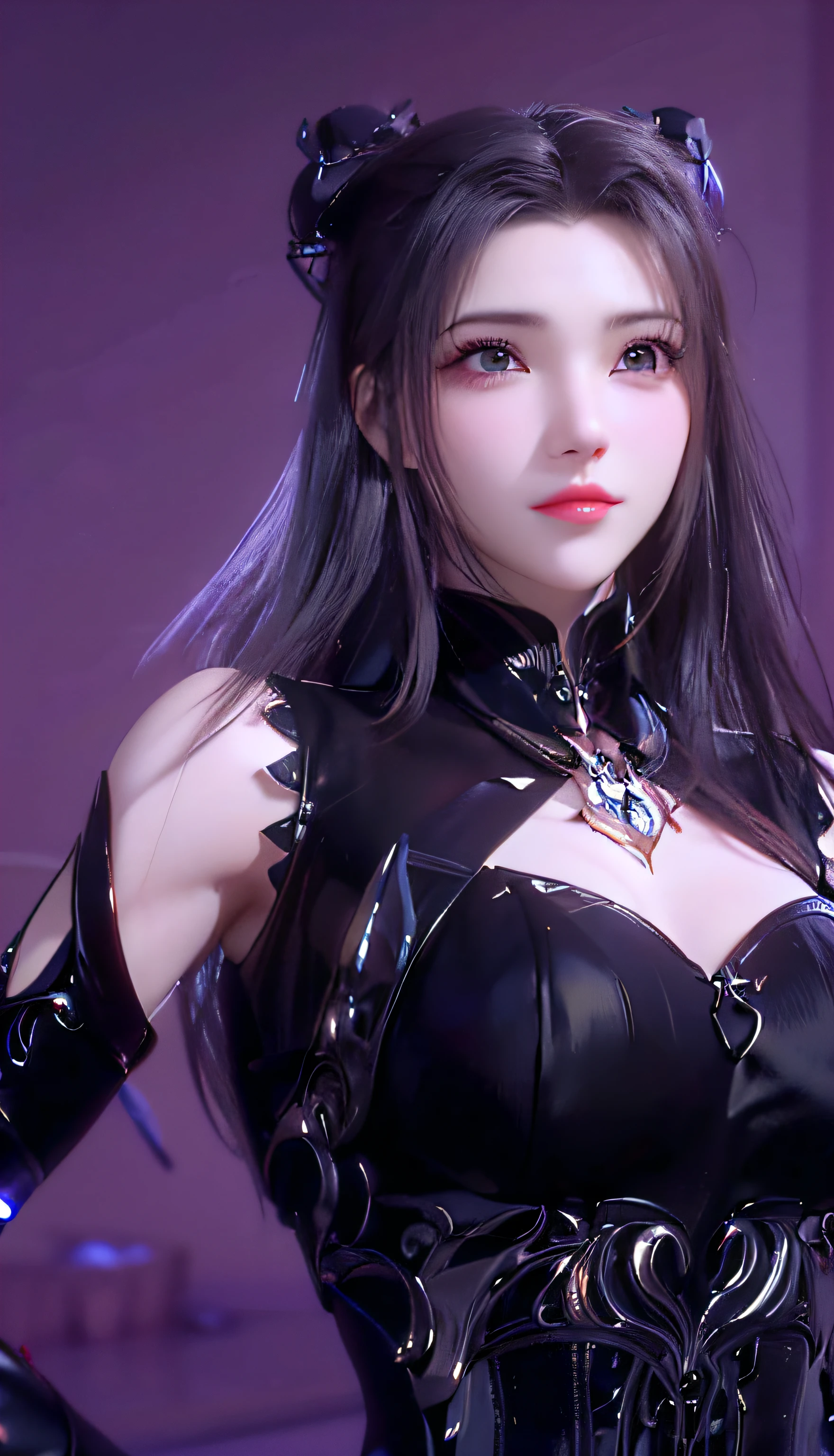 a close-up of a woman dressed in black posing for a photo, Artgerm; 3D Unreal Engine, smooth anime CG art, 8K high quality detail art, 3D rendered character art 8K, extremely detailed art, portrait knight of zodiac girl, fantasy art style, 2. 5 D CGI Anime Fantasy Art, Gothic Shoujo Anime Girl, ((Need for Beauty)), ((Feminine and Sexy)), ((Perfect Face)), ((Delicate Facial Features)), ((Beautiful Eyes, Meticulous Depiction, Close-up)), ((Pointed Nose))
