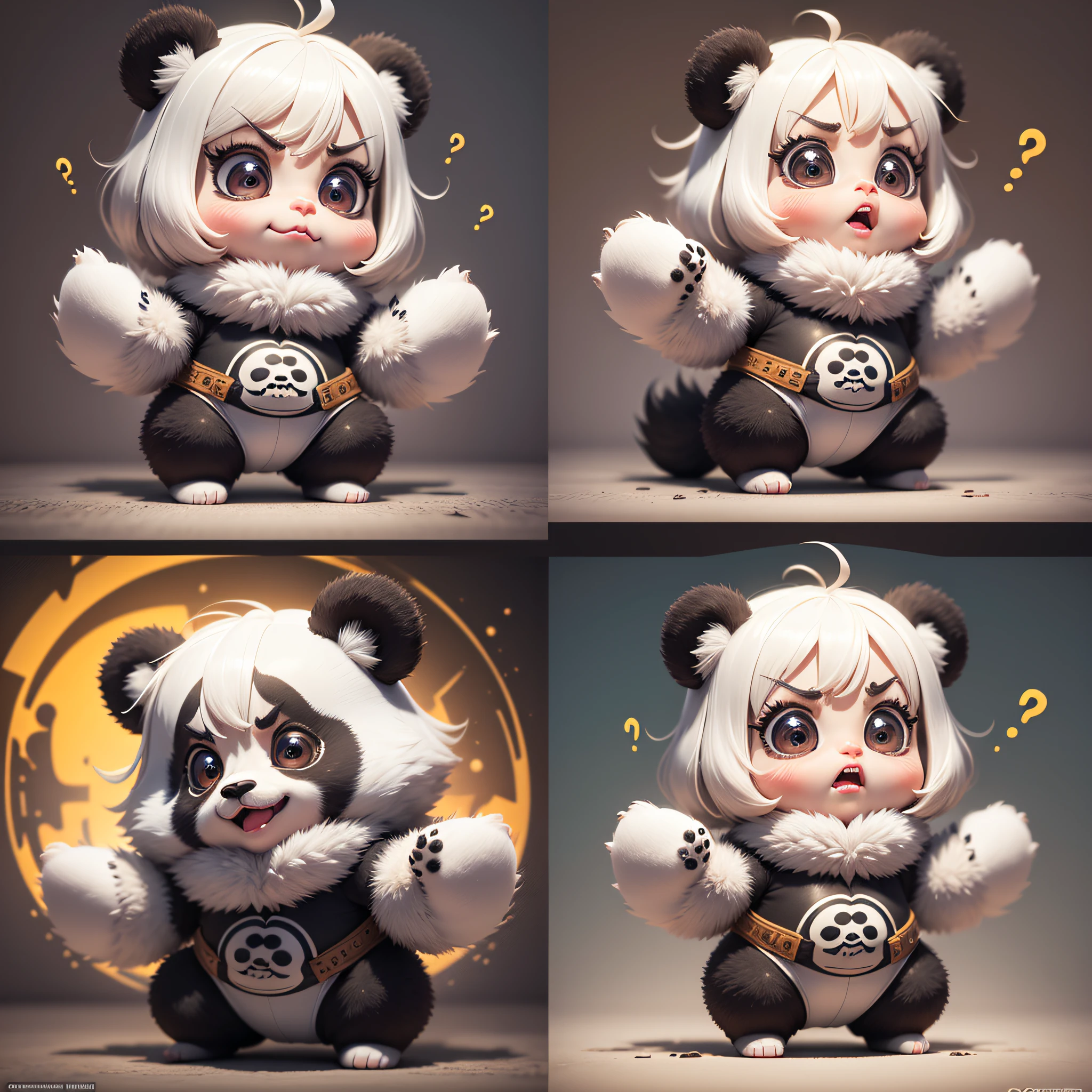 a little cute panda,thick lips,multiple poss andexpressionsas,angry,happy,coquettish,as an illustration set,chibi,pixar animation,furious,3d,8k,dynamic pose,dark white,group,Expression Collection,sheet