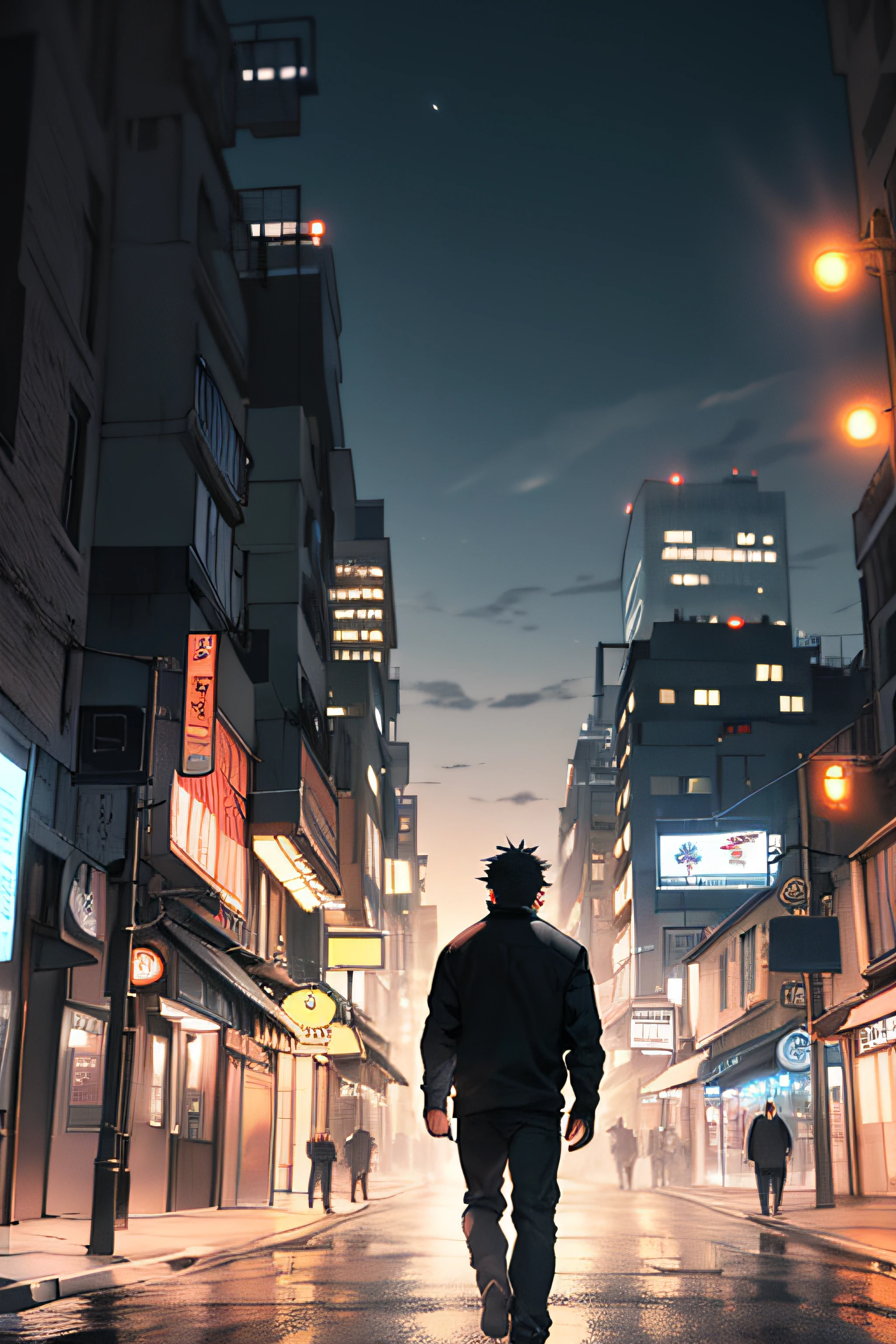 1man,masterpiece,best quality, ultra high res, dusk,cityscape,depth of field, short black messy hair, solo male