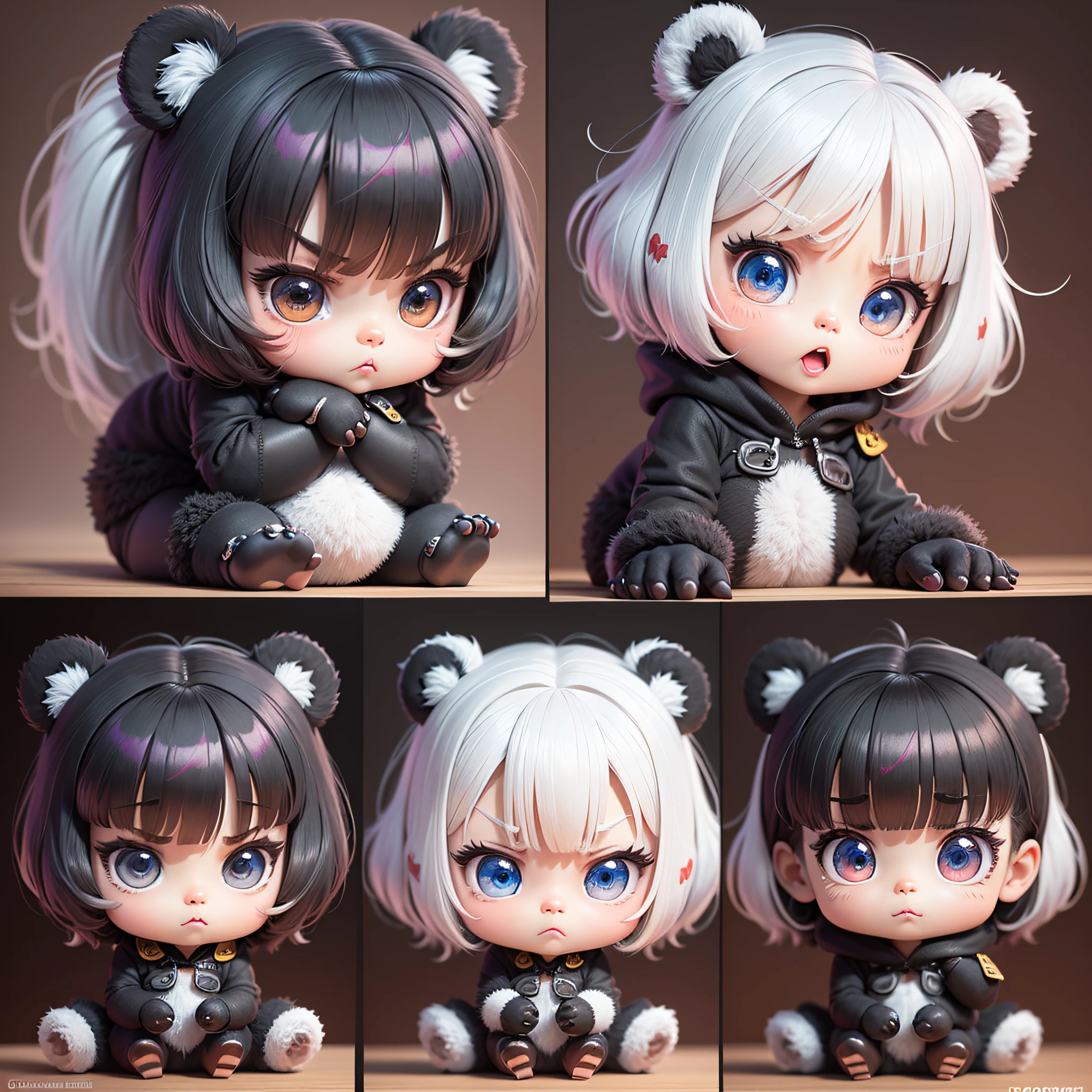 a little cute panda,thick lips,multiple poss andexpressionsas,angry,happy,coquettish,as an illustration set,chibi,pixar animation,furious,3d,8k,dynamic pose,dark white,group,Expression Collection,sheet