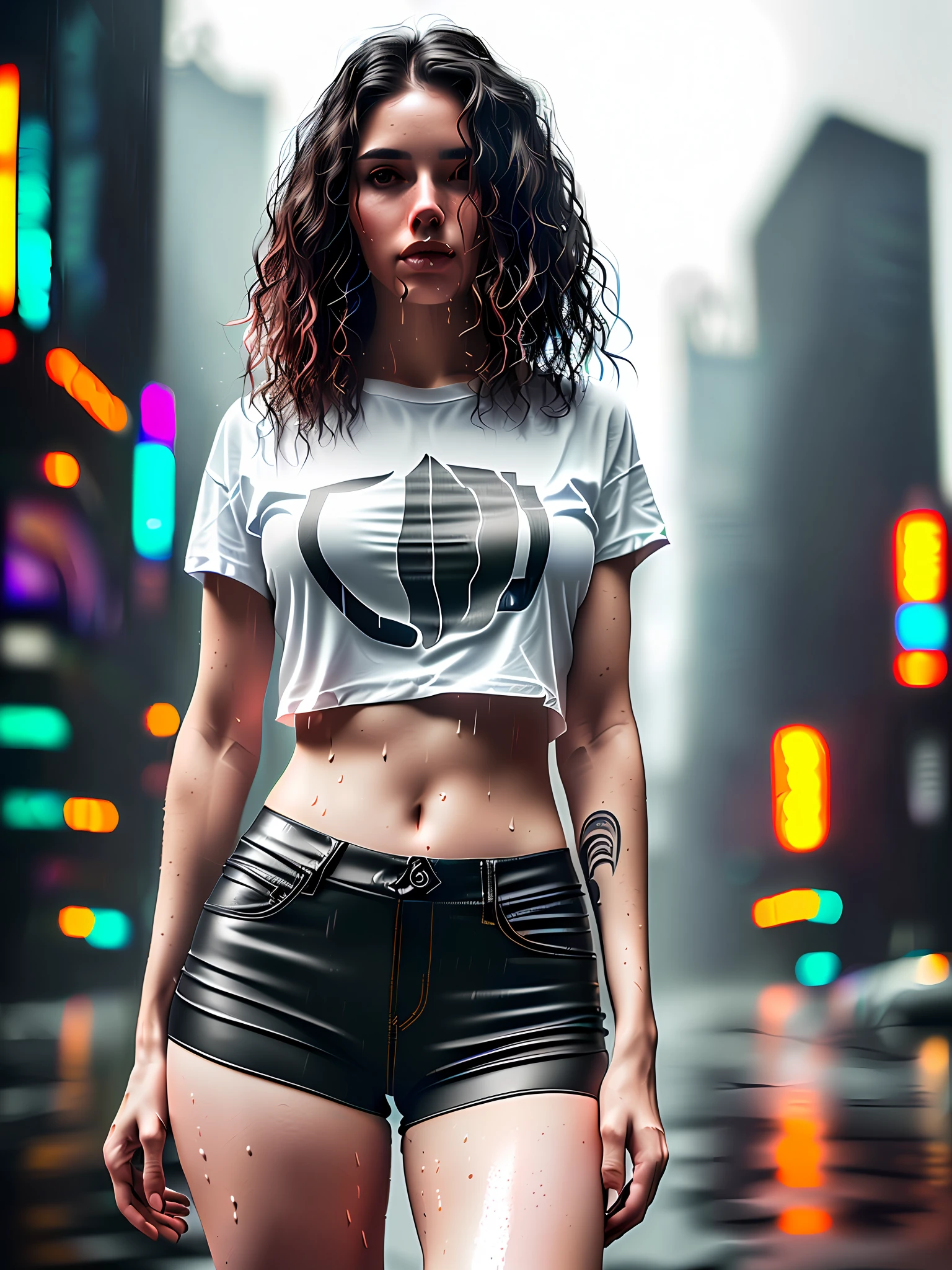 gorgeous woman with wavy hair detailed alluring eyes Thigh gap long sexy legs wearing tiny shorts tshirt in beautiful futuristic cyberpunk+ city, mist, wet, raining, best quality masterpiece, photorealistic, detailed, 8k, HDR, shallow depth of field, broad light, high contrast, backlighting, bloom, light sparkles, chromatic aberration, sharp focus, RAW color photo