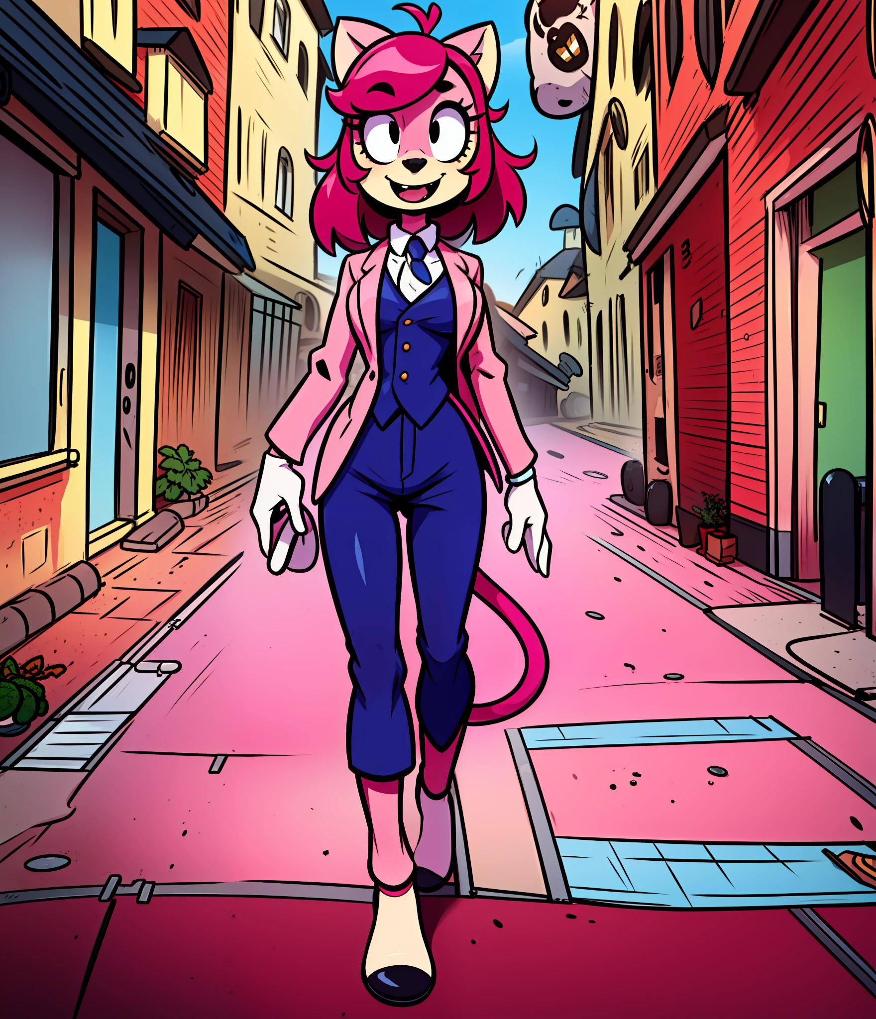 catgirl, furry, toon, cartoon, pink hair, walking,, lion tail, cat ears, animal nose, coat, vest, smile