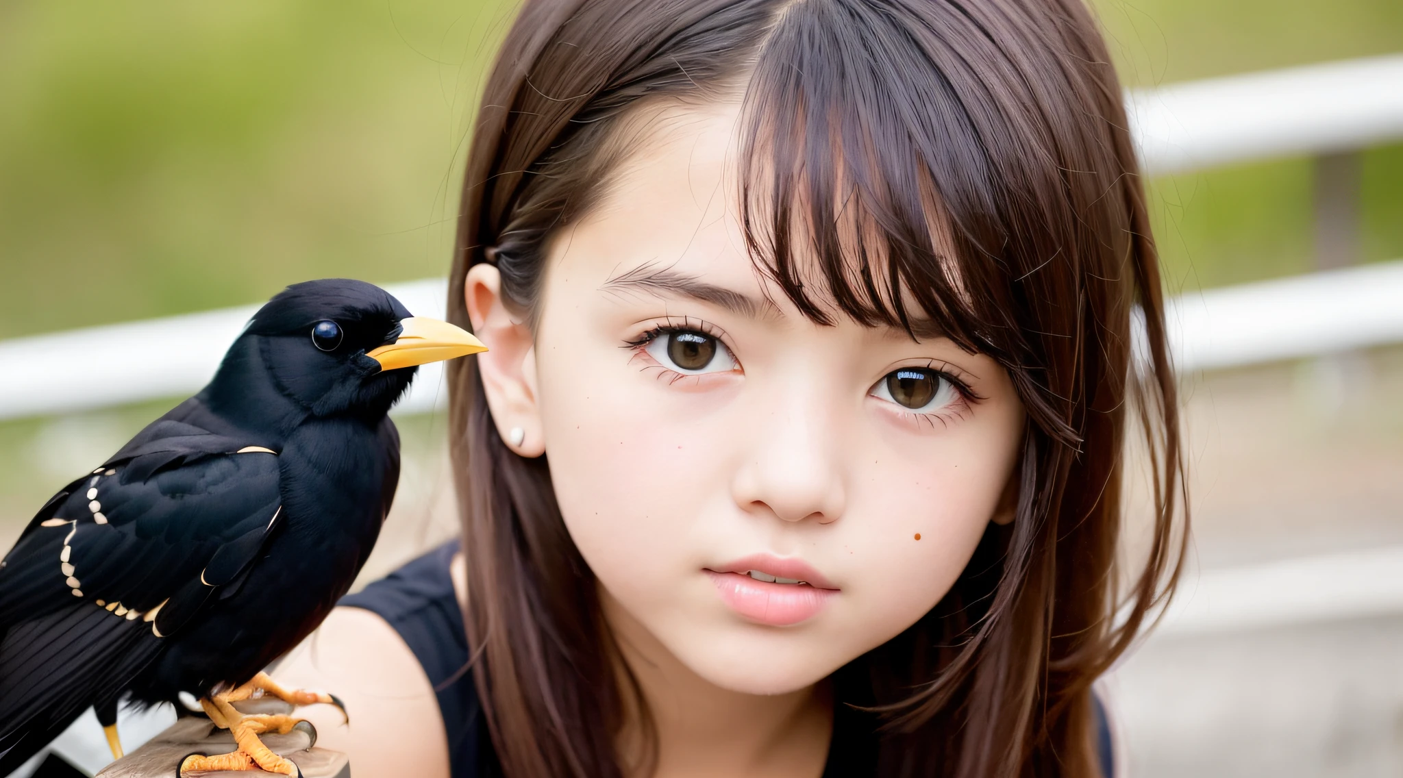 CHILD girl with a black bow and a black dress, girl with dark brown hair, girl with brown hair, black hair ribbons, a beautiful -age l, wearing hair bow, young girl, brown hair and big eyes, half-length photo, photo of young woman, young, beautiful girl, she is about 1 6 years oe is a black bird sitting on a wooden rail, long shiny thick black beak, closeup of a crow, cute crows, crows as a symbol of death, crow, crow bird, magpie, crow portrait!!!, black crow, dark crow, is looking at a bird, crows, male, crow, beautiful photo, closeup portrait shot, proud looking away, by Paul Bird