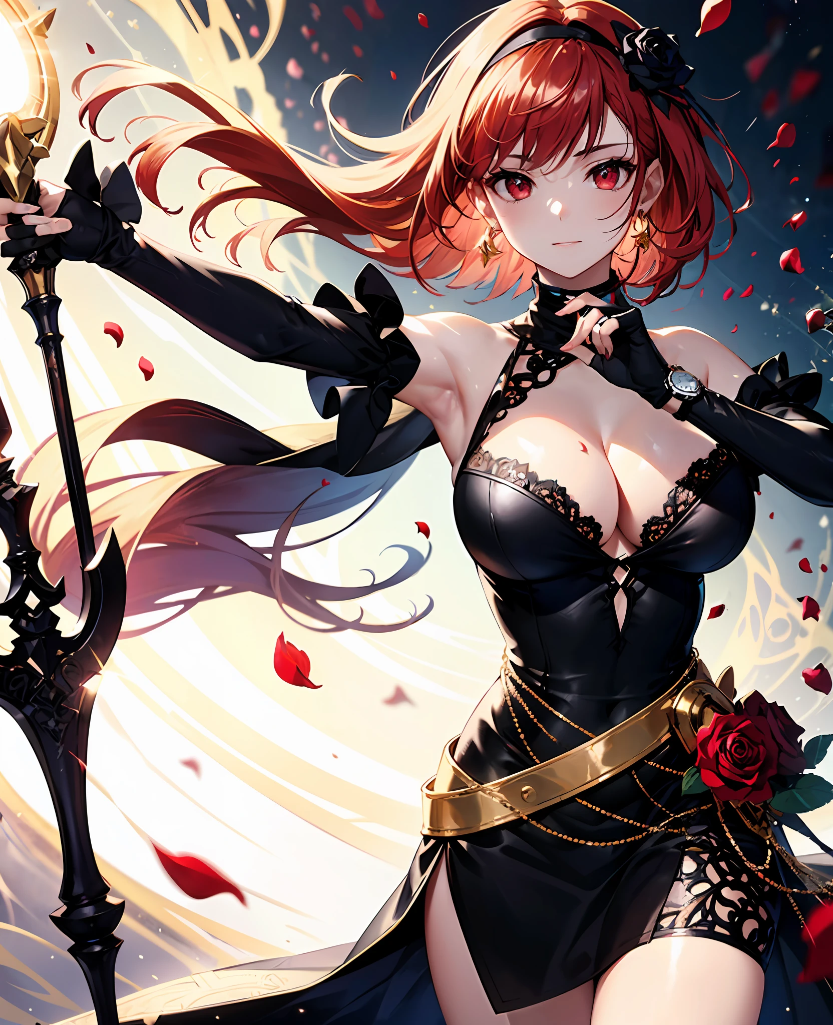 Best quality, masterpiece, ultra detailed, (photorealistic), One girl, Best quality, Beautiful lighting, Professional lighting,, One girl, Backlight, Bare shoulders, Black background, Black dress, Black gloves, Red hair, Cowboy shots, Dress, Earrings, SMUG, Fingerless gloves, Floating hair, Floral, Flowers, Gloves, Gold earrings, Gold hair bands, hair ornaments, hold weapons, jewelry, big breasts, light particles, long hair, watch viewer, black dress, off-shoulder, petals, red eyes, roses, rose petals, rose prints, side locks, solo, spikes, thighs, double-sided dress, double-sided fabric, weapons, ((masterpiece)),