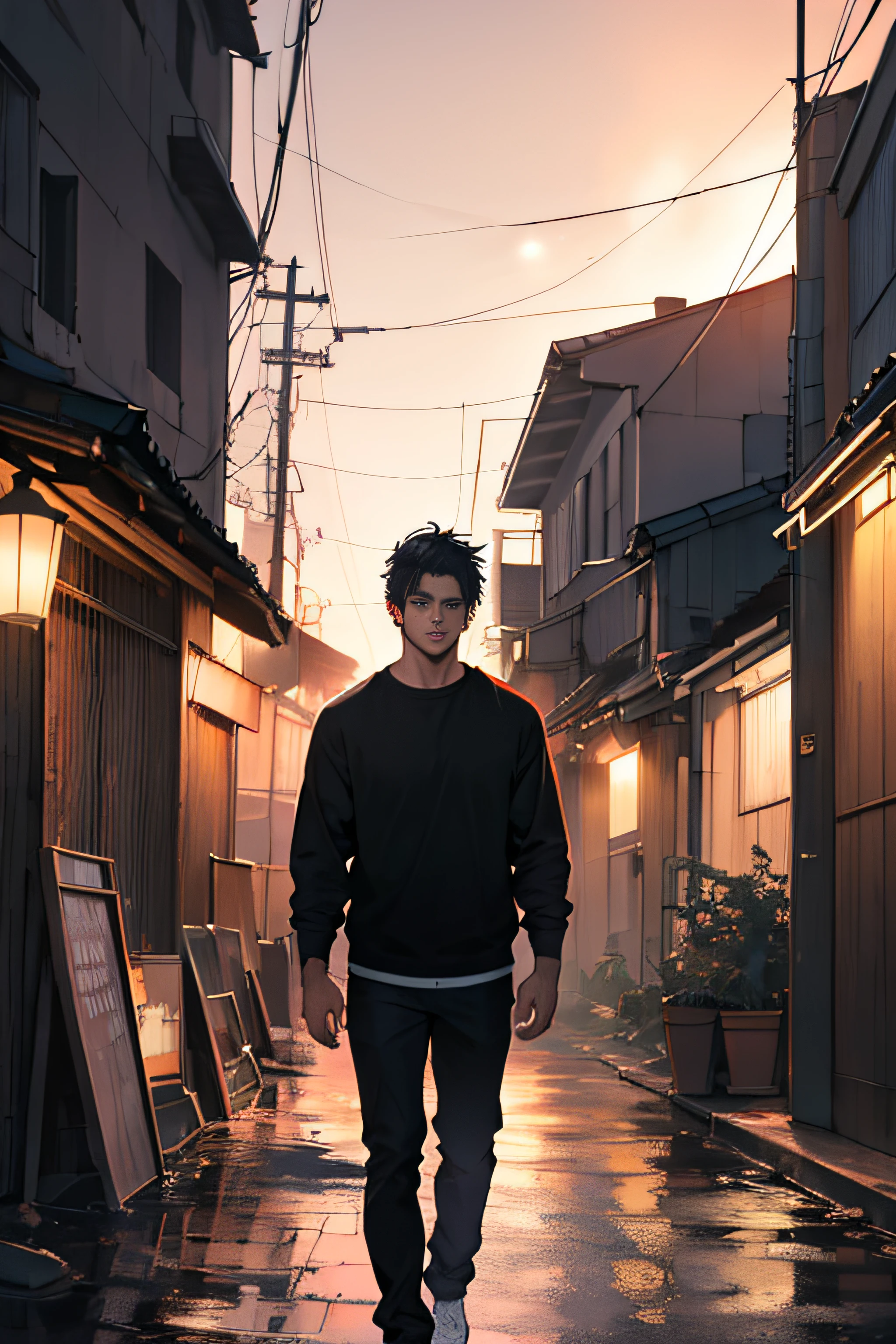 1man,masterpiece,best quality, ultra high res, dusk,cityscape,depth of field, short black messy hair, solo male