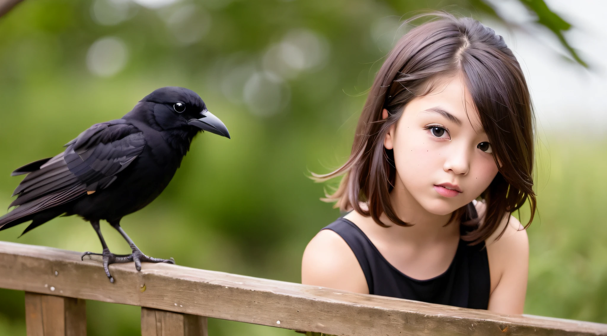 CHILD girl with a black bow and a black dress, girl with dark brown hair, girl with brown hair, black hair ribbons, a beautiful teen-age girl, wearing hair bow, young girl, brown hair and big eyes, half-length photo, photo of young woman, young, beautiful girl, she is about 1 6 years old,  there is a black bird sitting on a wooden rail, long shiny thick black beak, closeup of a crow, cute crows, crows as a symbol of death, crow, crow bird, magpie, crow portrait!!!, black crow, dark crow, is looking at a bird, crows, male, crow, beautiful photo, closeup portrait shot, proud looking away, by Paul Bird