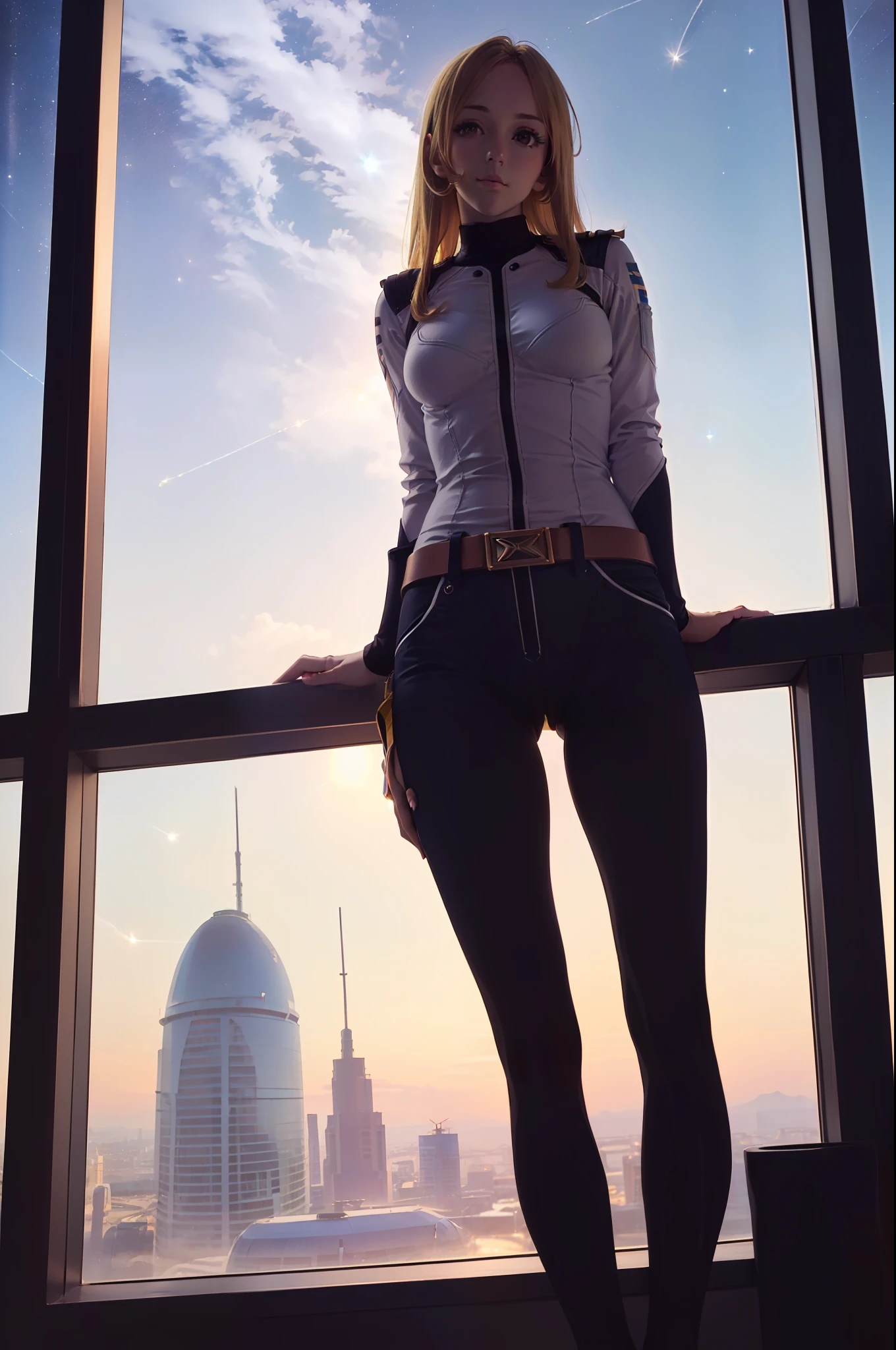 (masterpiece, best quality:1.2), cowboy shot, solo, 1girl, mori yuki, slight smile, closed mouth, looking at viewer, blonde hair, thigh gap, yellow bodysuit, skin tight, unzipped bodysuit, belt, large window, full body, from front, (spread legs:1.3), (standing:1.1), starship interior, orbital view, (night, stary sky:1.3), milky way