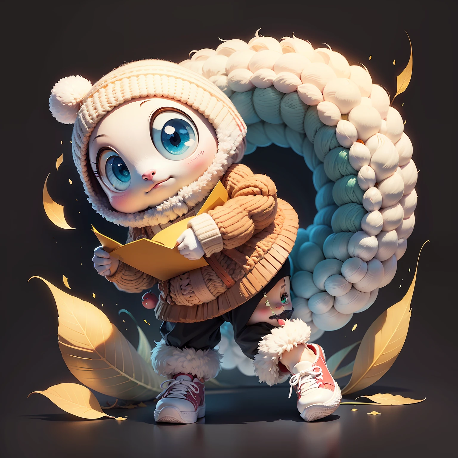 cute round creature with big eyes in a knitted hat and colored shoes holding a letter, flat image, vector illustration, white background, 2D, 4K --auto