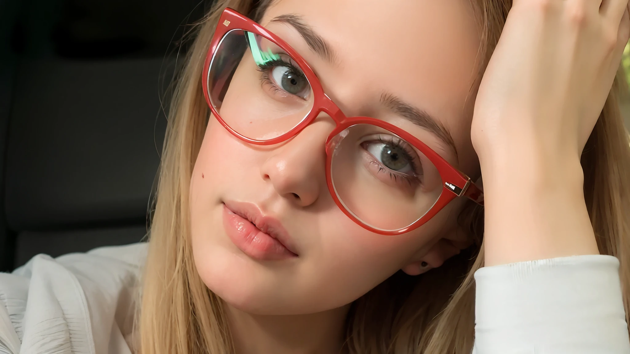 blond woman with red glasses looking at camera while sitting in car, thick glasses, angelina stroganova, anna nikonova aka newmilky, wearing square glasses, yelena belova, wearing red tainted glasses, big glasses, anastasia ovchinnikova, thick rimmed glasses, thick rim glasses, thick lips, aleksandra waliszewska, with glasses