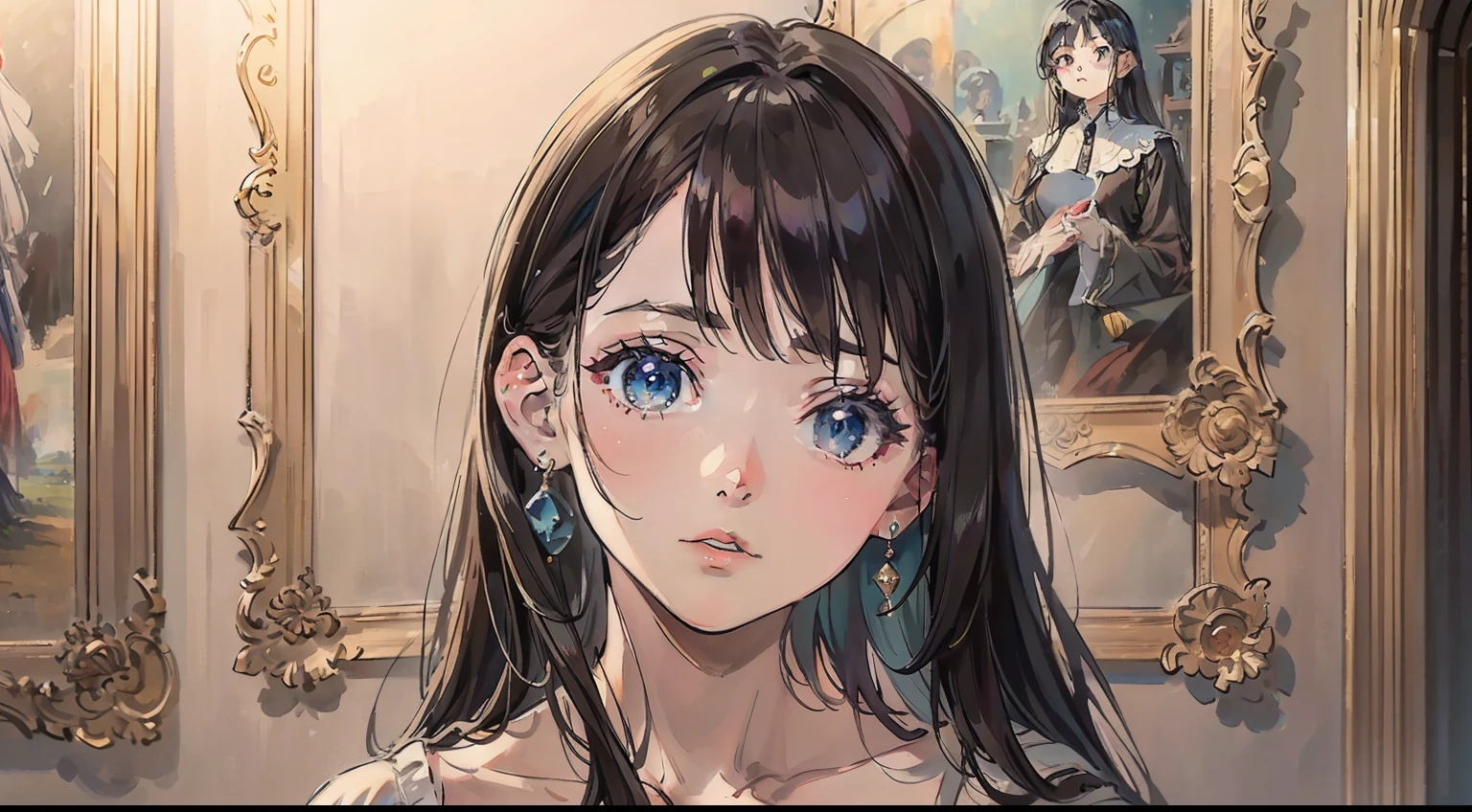masterpiece, top quality, very delicate and beautiful, ultra-definition, highest quality, high-resolution, very elaborate, highest quality, illustration, impasto, realism, realistic, picture frame, picture of a girl, inside a museum, few people