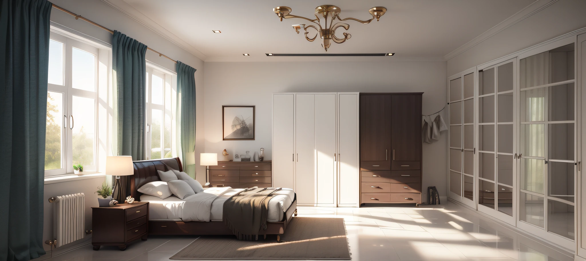 "Masterpiece, high quality, best quality, authentic, super detailed, interior, bedroom, 1 bed, 1 mirror, wardrobe, curtains, windows, white ceramic tile floor, carpet, modern style." --auto