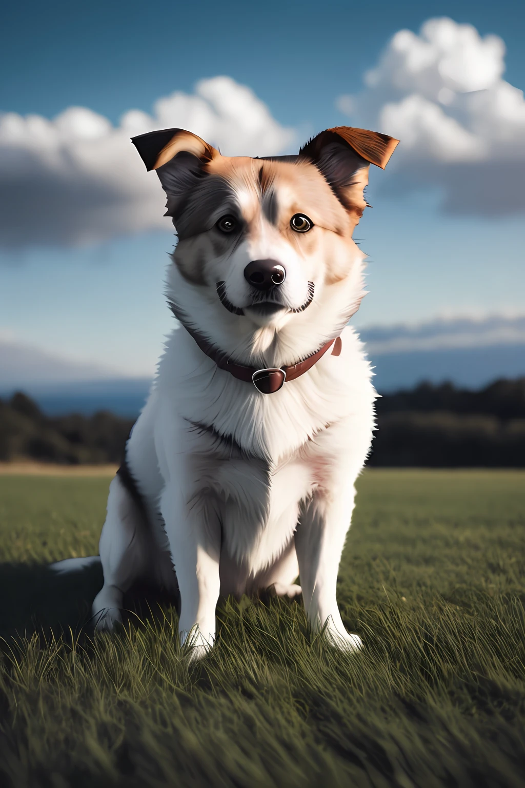 (Realistic) Dog on grass, wind, movie, bright theme, edge light, cute