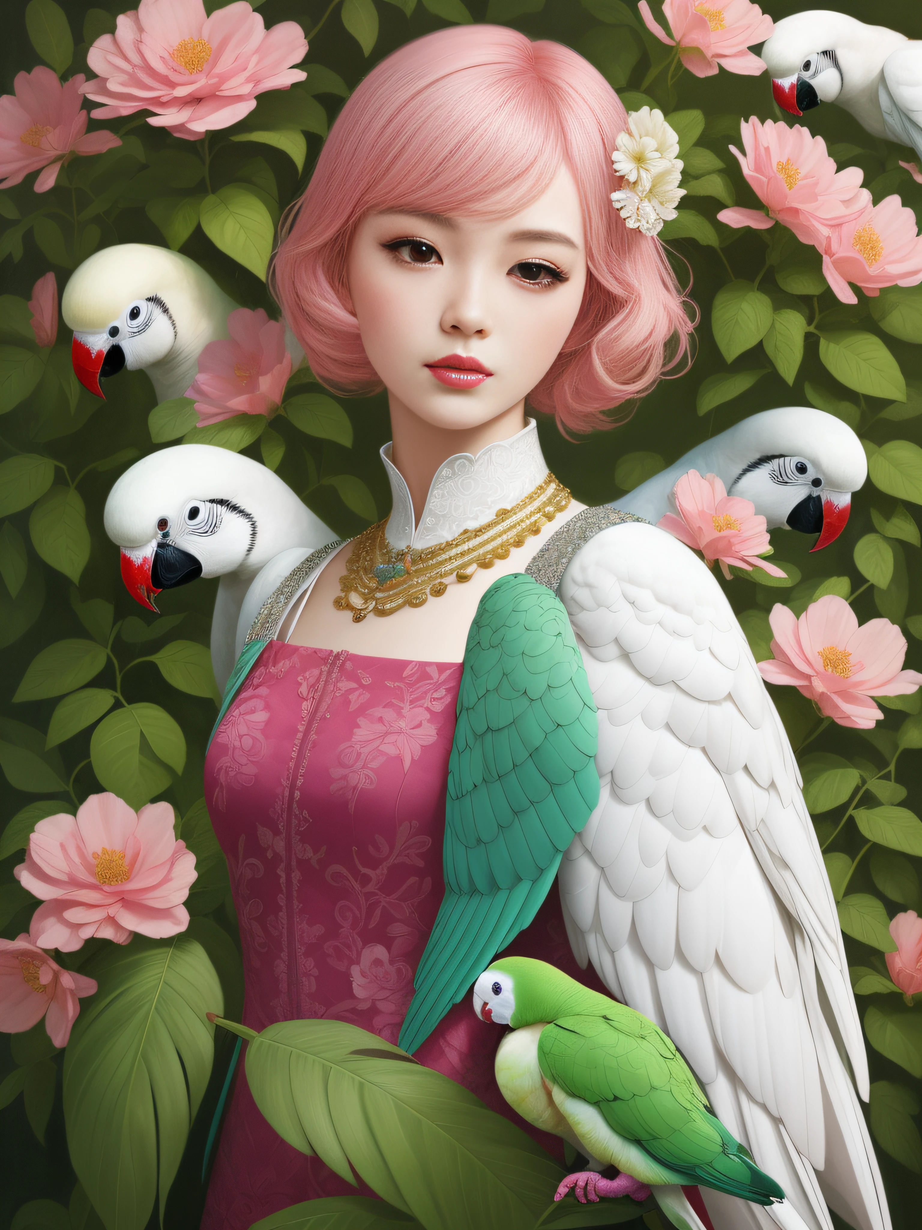 A fashion magazine, Hyperrealistic oil painting, (a pure white parrot), Short hair neutral woman, pink and emerald, Plants cover the background, style of artist hsiao-ron cheng, shiny hair, cowboy shot, Art Deco, Verism, bloom, award winning, retina