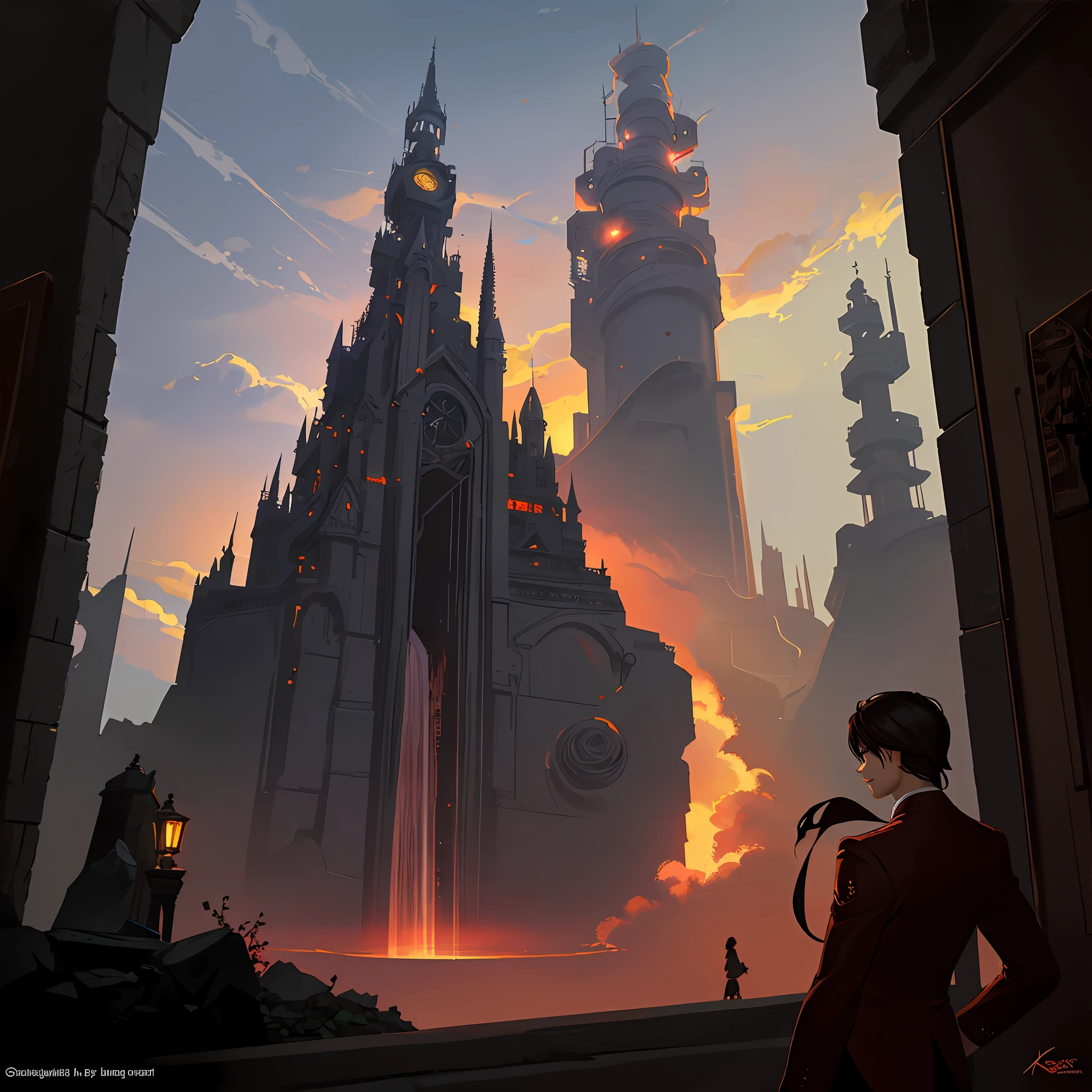 Dawn, city in the sky, golden clouds, pink rose waterfall,Thomas Kinkade, Ross Tran