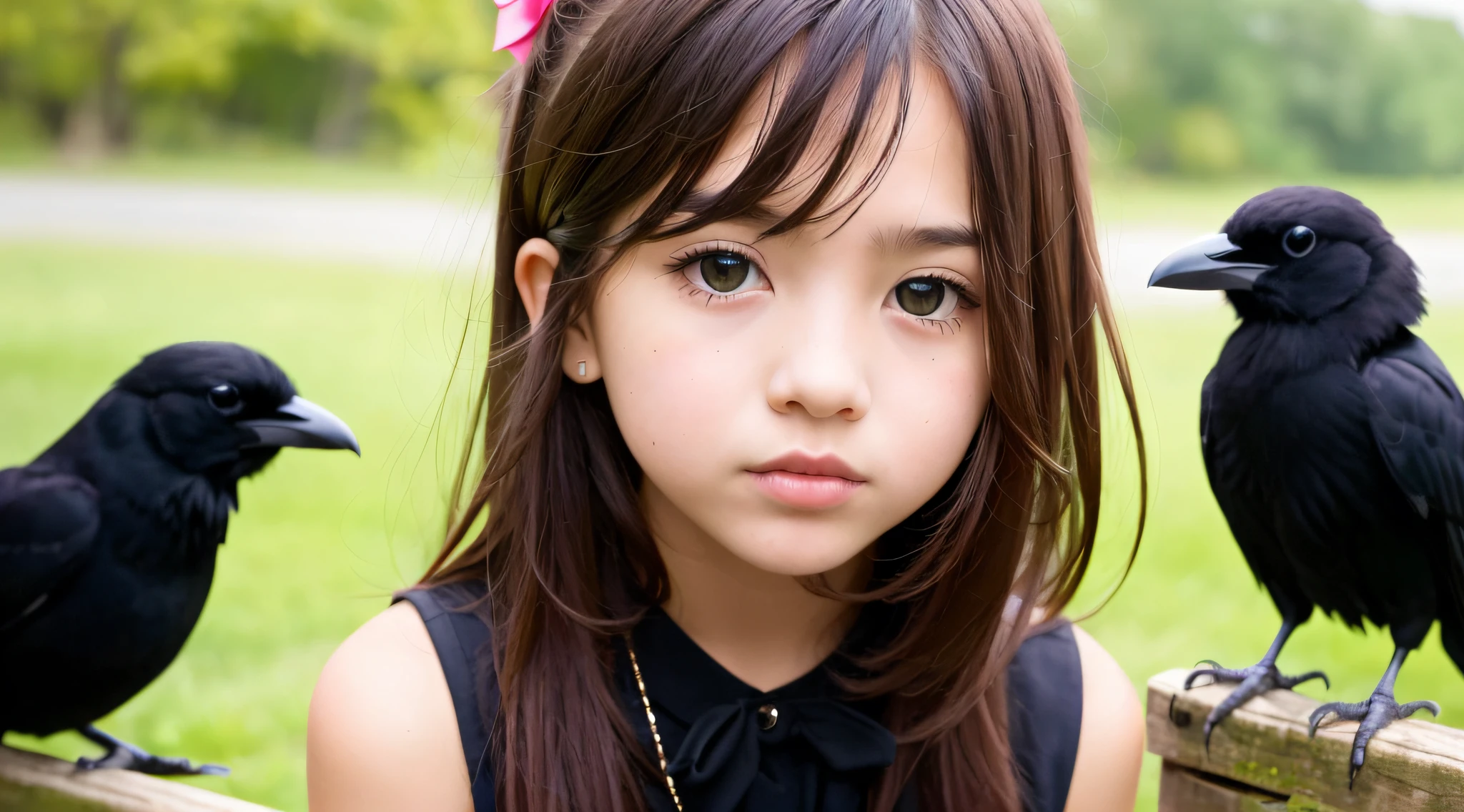 CHILD girl with a black bow and a black dress, girl with dark brown hair, girl with brown hair, black hair ribbons, a beautiful teen-age girl, wearing hair bow, young girl, brown hair and big eyes, half-length photo, photo of young woman, young, beautiful girl, she is about 1 6 years old,  there is a black bird sitting on a wooden rail, long shiny thick black beak, closeup of a crow, cute crows, crows as a symbol of death, crow, crow bird, magpie, crow portrait!!!, black crow, dark crow, is looking at a bird, crows, male, crow, beautiful photo, closeup portrait shot, proud looking away, by Paul Bird