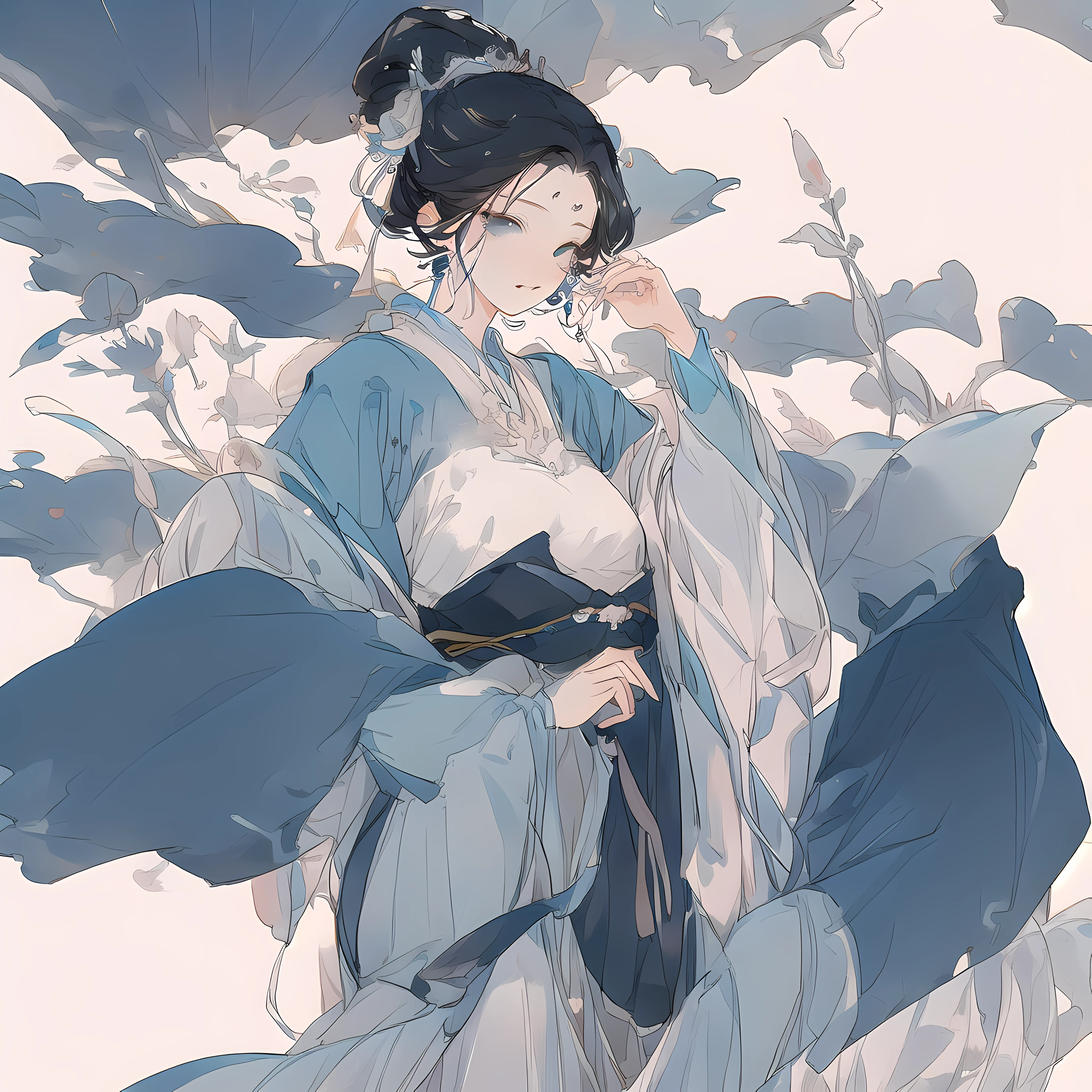 Ancient Chinese beauty sitting on stone, wearing ancient Chinese costume, flowing blue tulle, light silk, lazy pose, large lotus leaves, lotus flowers, ink painting style, clean colors, decisive cutting, white space, freehand, masterpiece, super detailed, epic composition, high quality, highest quality, 4k --v 6