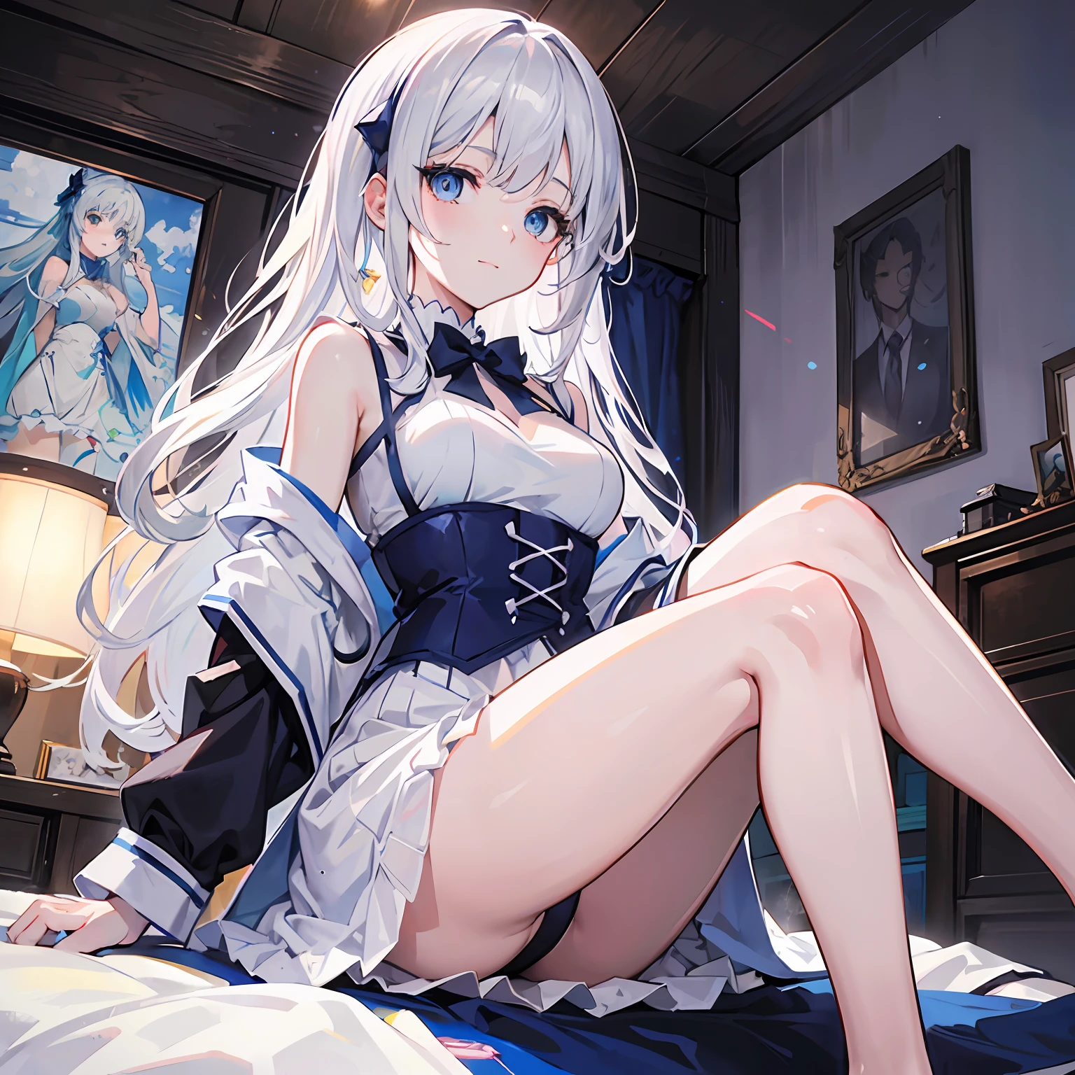 ((Best Quality, 8K, Best Masterpiece)) Anime characters with long gray hair and blue eyes, Anime visuals of young women, Today's featured anime stills, God of White Hair, official art, cute girl anime visuals, Popular isekai anime, Tsuaii, Marisa Kirigami, Anime movies, TV anime still, Isekai, Hestia, Albedo of Anime Overlord Transparency 16 years old　Blue small ribbon in hair smile