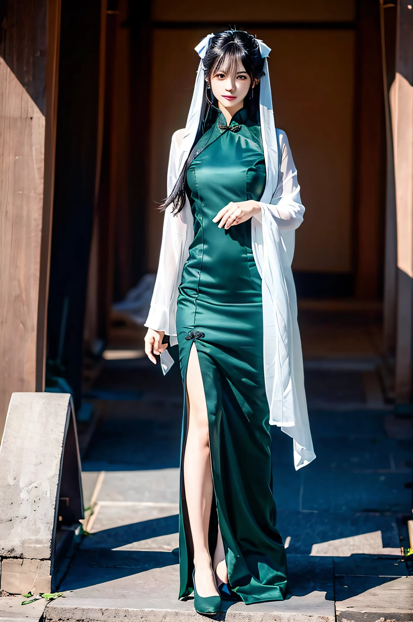 There is a girl in a green dress, plum blossoms, palaces, oriental architecture ray tracing, {best quality}, {{masterpiece}}, extremely detailed 8K wallpaper, {an extremely delicate and beautiful}, colorful, intricately detailed, Realistic, real, camera quality, (detailed depiction of clothes), cool white skin, (detailed depiction of blush), 1080p, sun, soft cuteness, smooth light silver hair, messy beauty, lighting, broken feeling, bright and silky skin , 3D stereoscopic, masterpiece, best quality, super fine illustration, beautiful eyes, very fine light, fine glow, very fine 8K CG wallpaper, peach eyes, red pupils, an extremely delicate and beautiful girl, 8k Wallpaper, best quality, full body close-up, white long dress, luxurious silky bright red chiffon floodlight (magic, glitter, ultra-thin, soft,) Hanfu