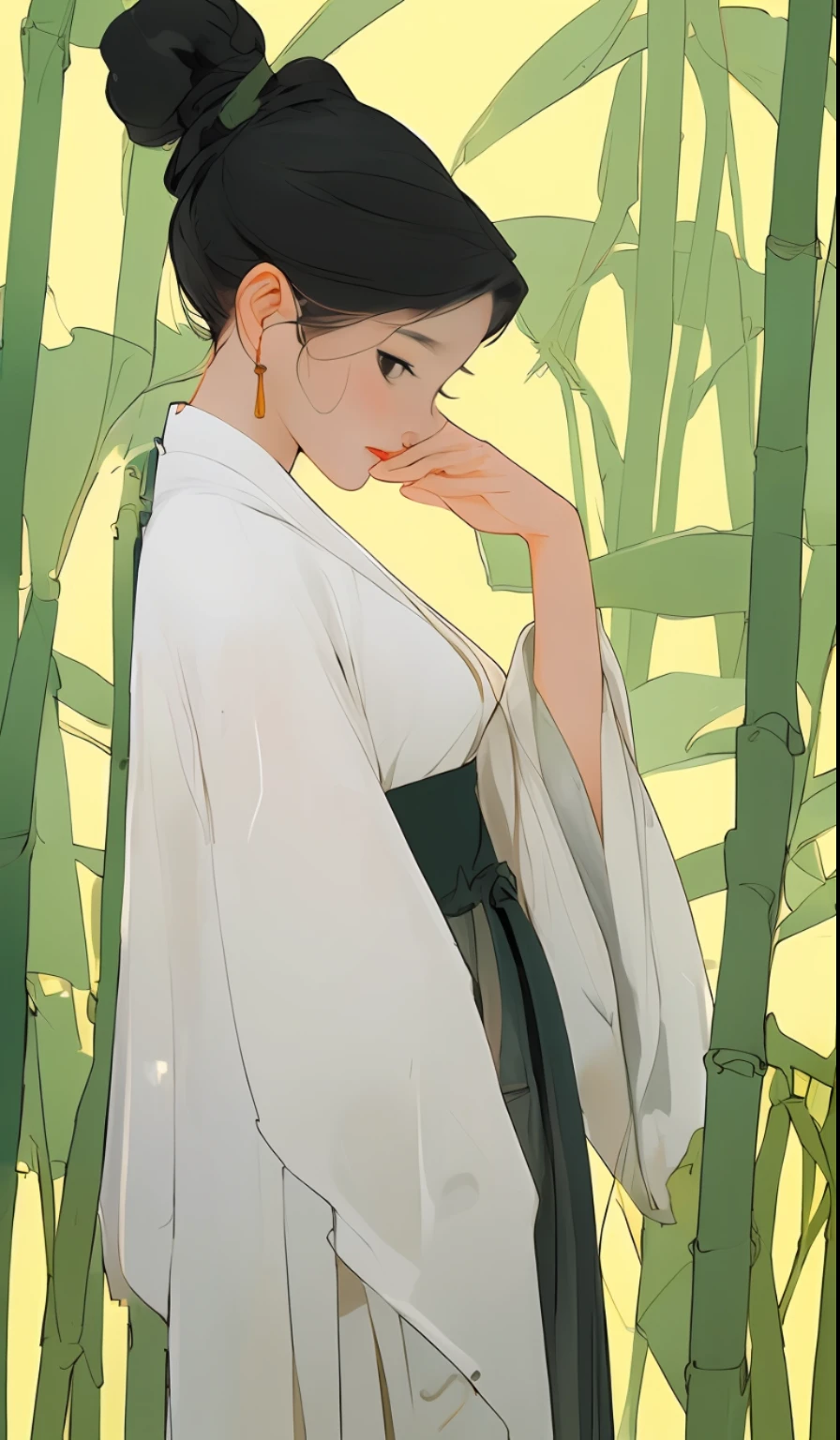 A girl, full body, cyan | Bühler dress, standing, flower, bamboo, bamboo forest