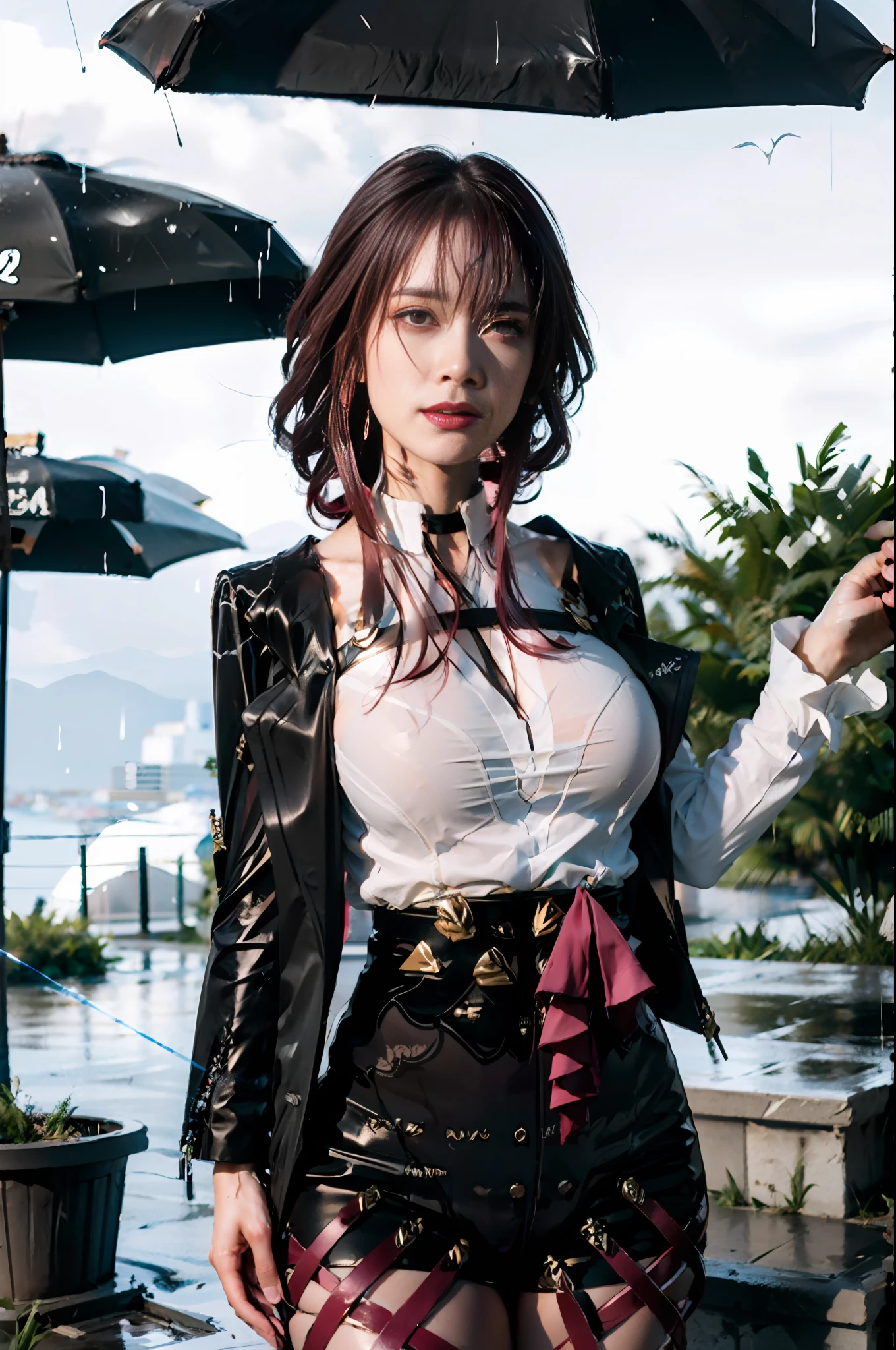 (unparalleled masterpiece,best quality, detailed), fine detail, highly detailed cg, atmospheric lighting, light rays, {{Extremely Detailed CG, Unity 8k Wallpaper, 3D, Cinematic Lighting, Lens Flare}} 8k, PBR Texturing, extremely detailed, 1girl, standing, hands on hips,bent over, outdoors, alleyway, (rain, rainy atmosphere, wet clothes:1.1), see-through, scolding, from below, looking at viewer, (shaded face, angry, mad, disgust:1.2), nipple slip, closeup, star-kafka, purple hair, pink eyes, sunglasses, outfit, plump, fat, thick body, Surrealism, 8k, super detail, UHD, masterpiece, high quality, 16k, highres, best quality, award winning, high details, ccurate, retina, purple hair, Over head sunglasses,