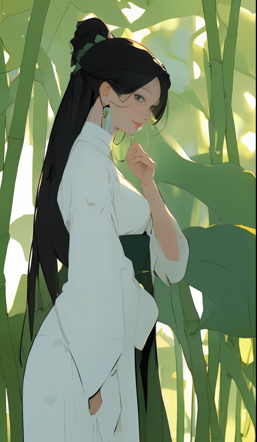 A girl, full body, cyan | Bühler dress, standing, flower, bamboo, bamboo forest