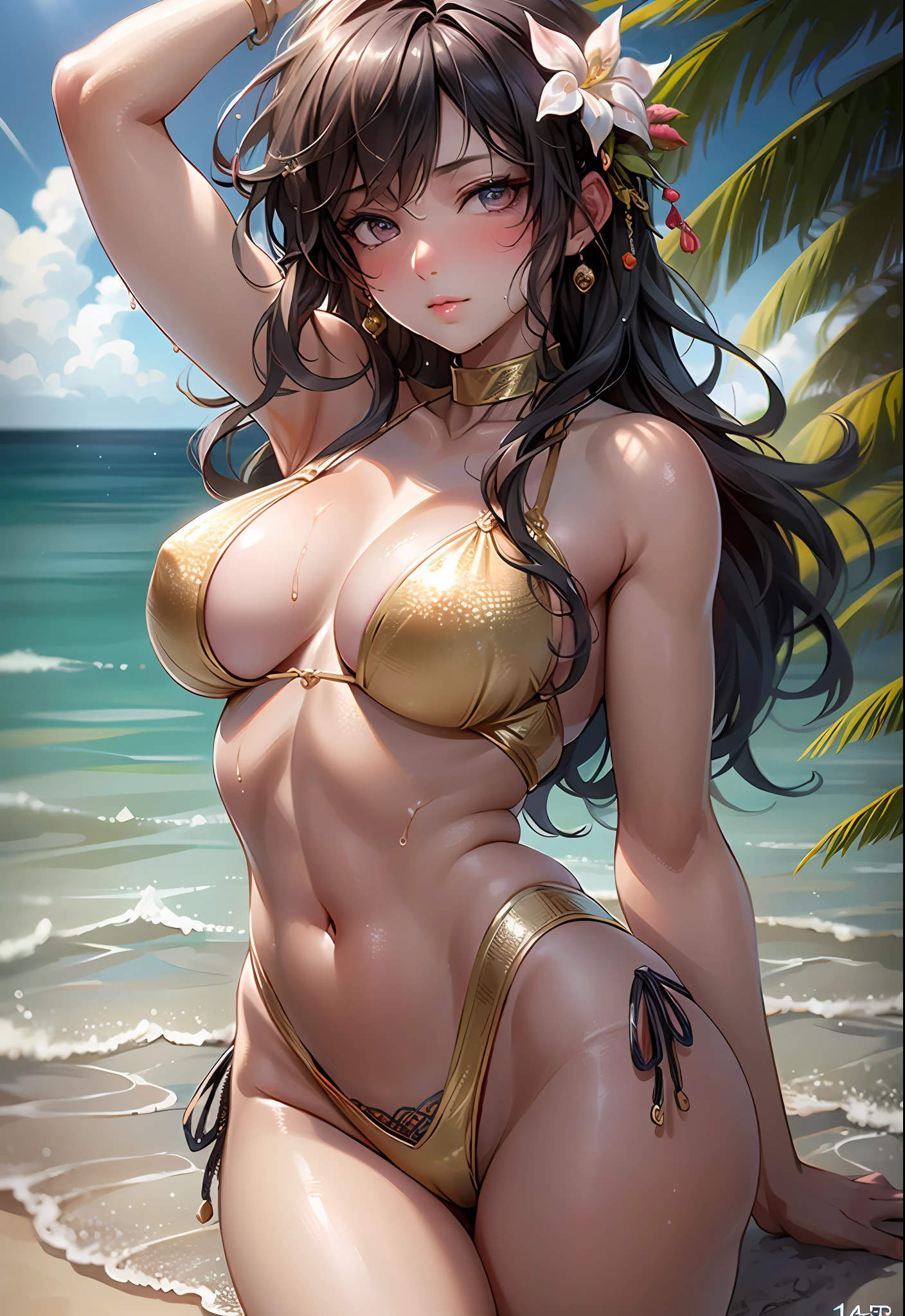 Top Quality, Masterpiece, Ultra High Definition, (Photorealistic: 1.4), Raw photo, Girl, Two, Big, Shiny Skin,Gold Swimsuit,Fair Skin,Flower, Wet Body, Dramatic Lighting, Full Body, Lace, Micro Bikini, Beautiful Beach, Left Arm on the Head,