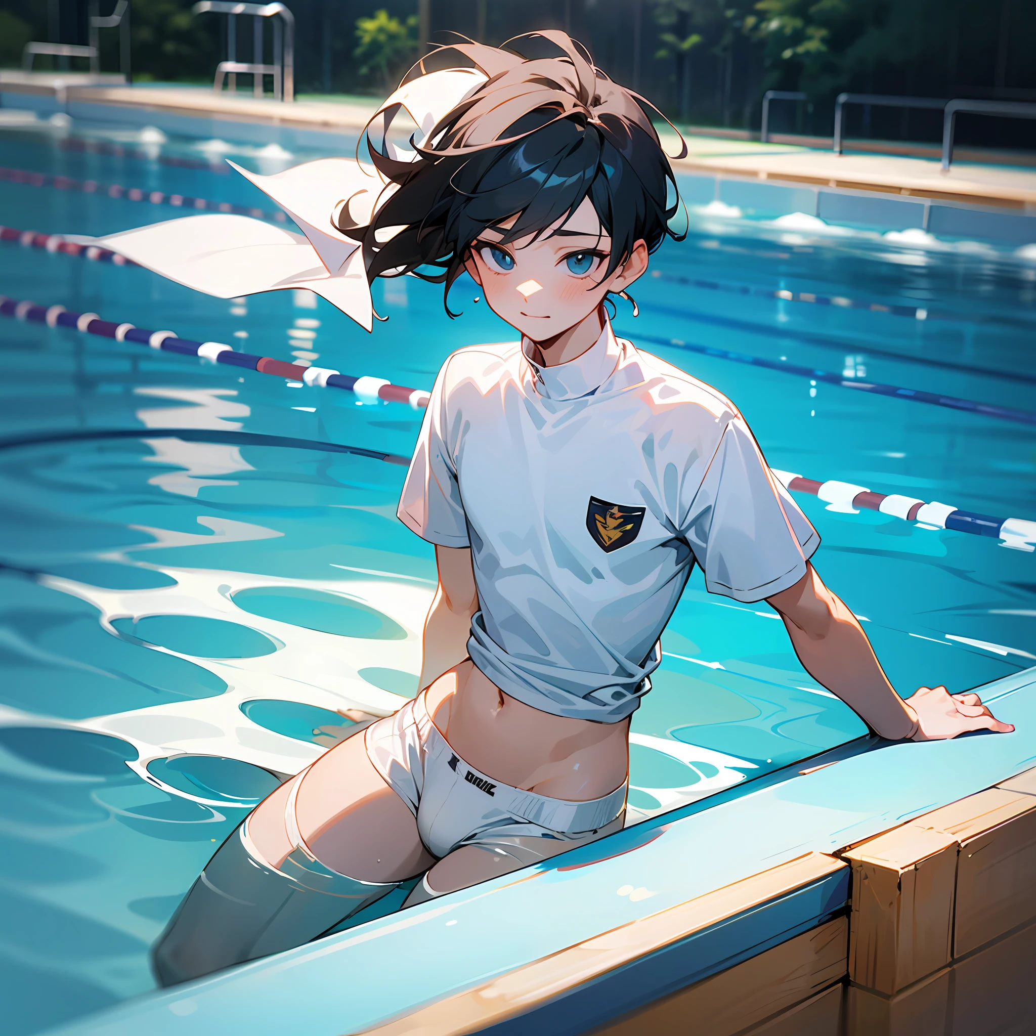 A cute boy, wearing white short sleeves in the pool, his figure is looming by the water. Wearing white briefs underneath and white socks on his feet, he looked very erotic --auto